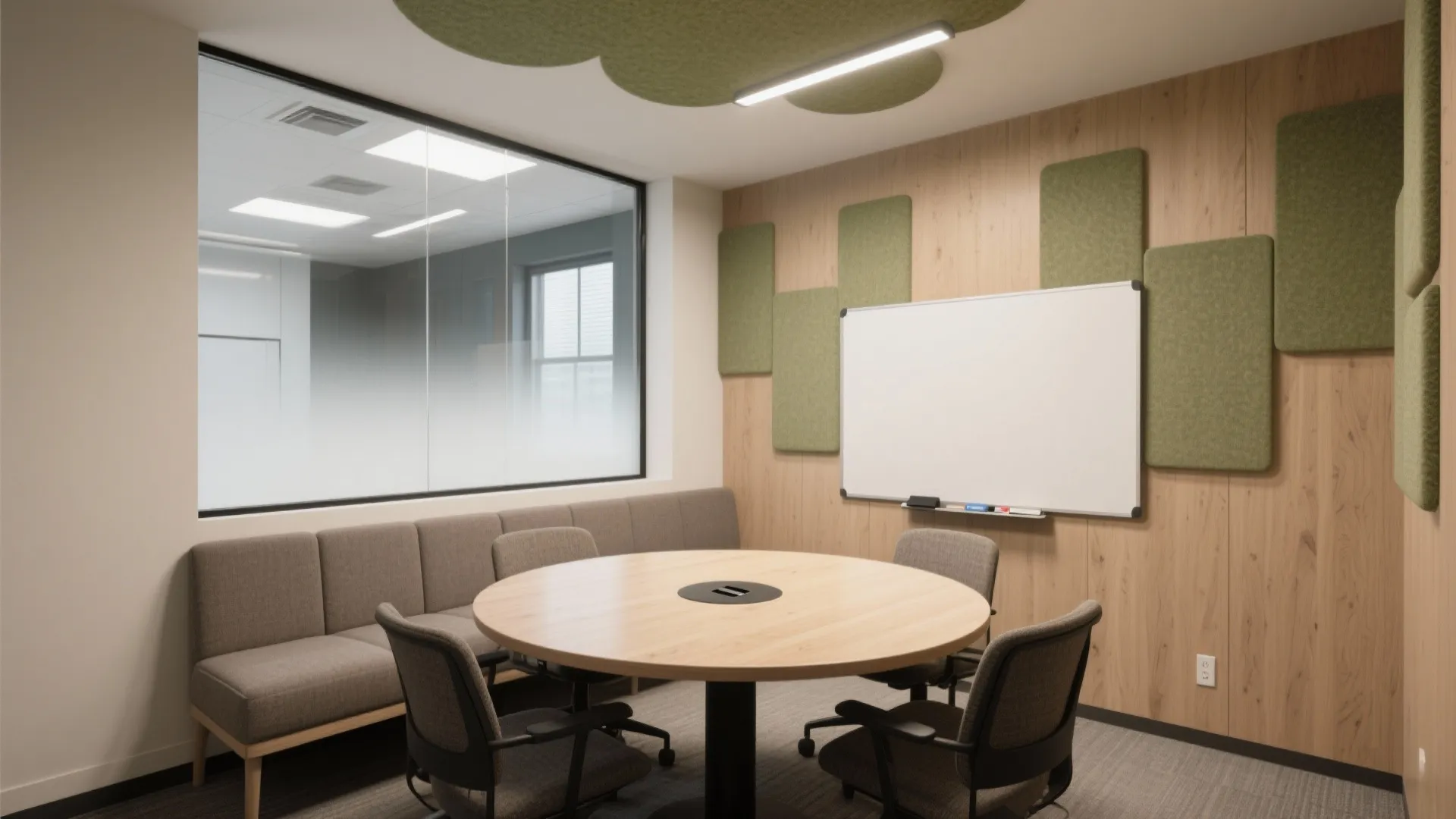 Small meeting room with round wooden table, grey chairs, wall whiteboard, and green wall panels