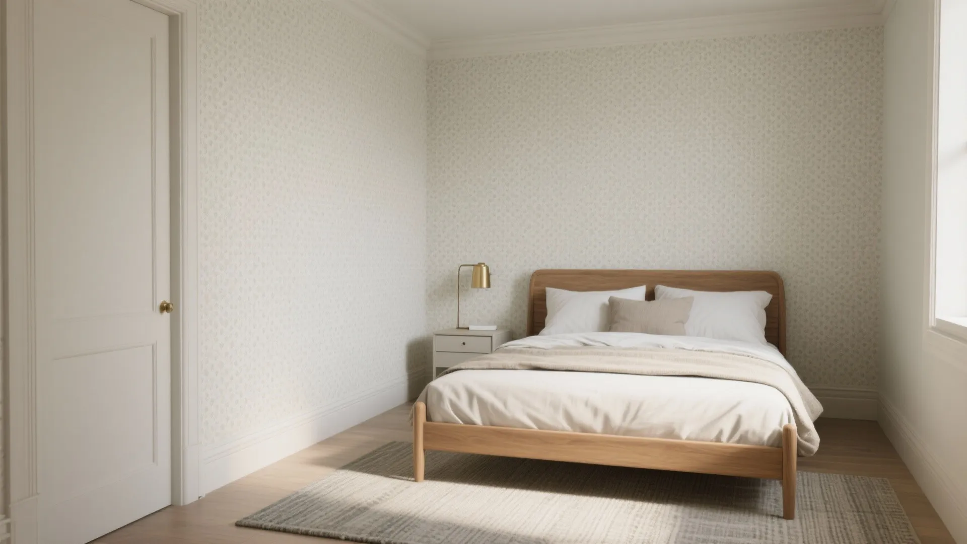 Minimalist bedroom with wooden bed frame white bedding gold table light patterned wallpaper and rug floor