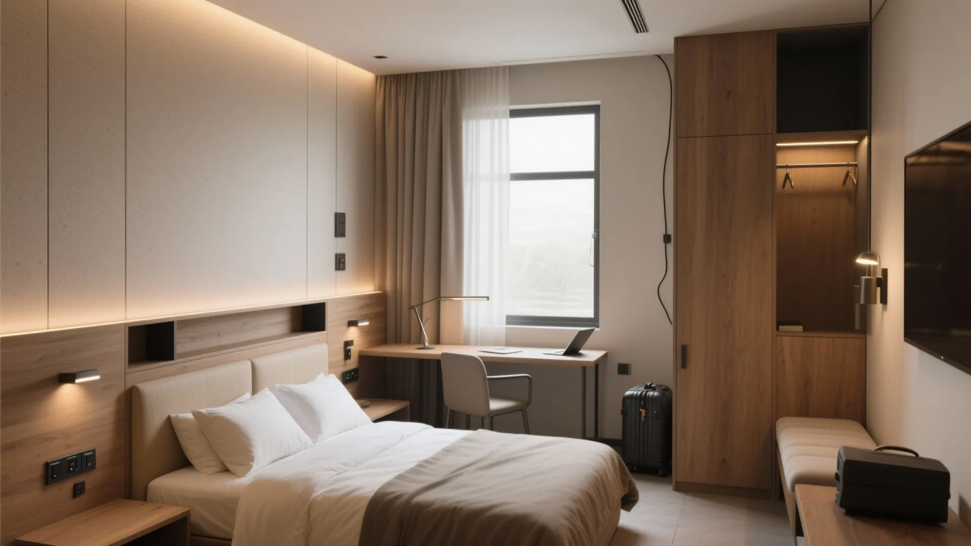 Modern hotel room with wood wall panel desk laptop suitcase wooden cabinet and large double bed