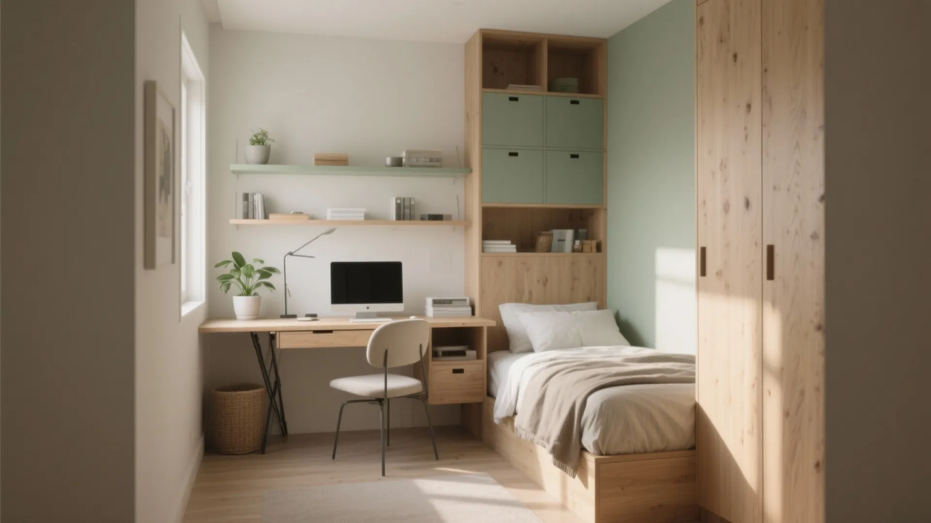 Small bedroom with wooden desk single bed shelves and tall wardrobe near a bright window