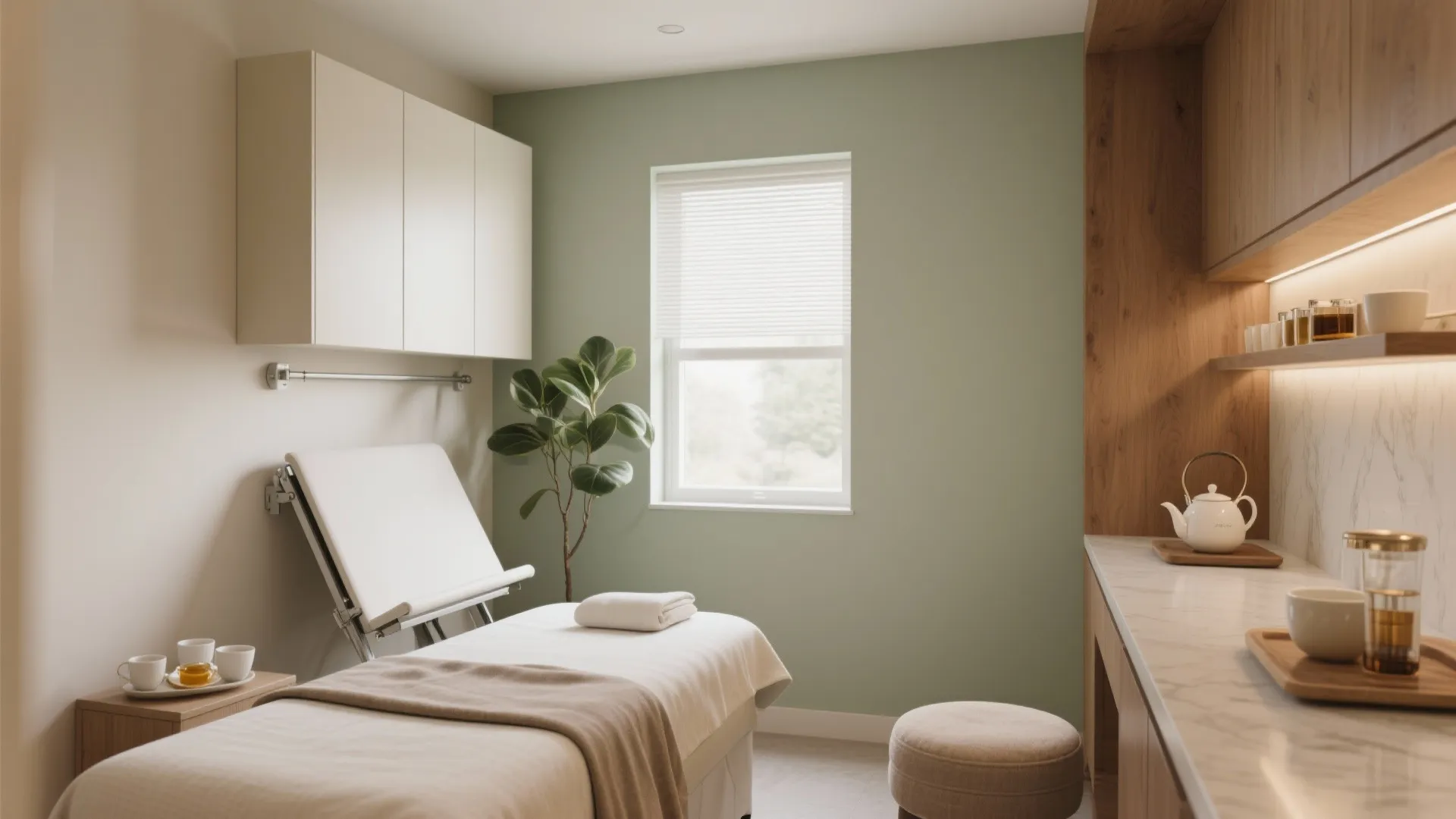 Minimalist treatment room with green walls, white massage bed, window, potted plant, and wooden cabinet