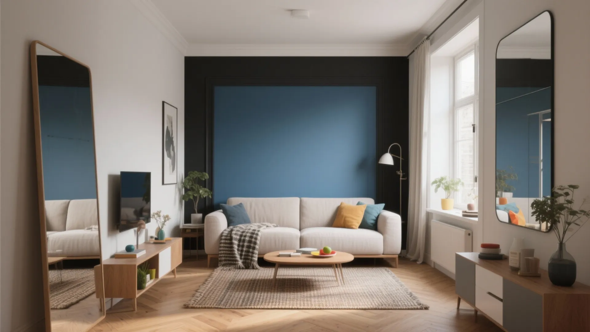 Modern living room with blue accent wall white sofa wooden coffee table and large mirrors