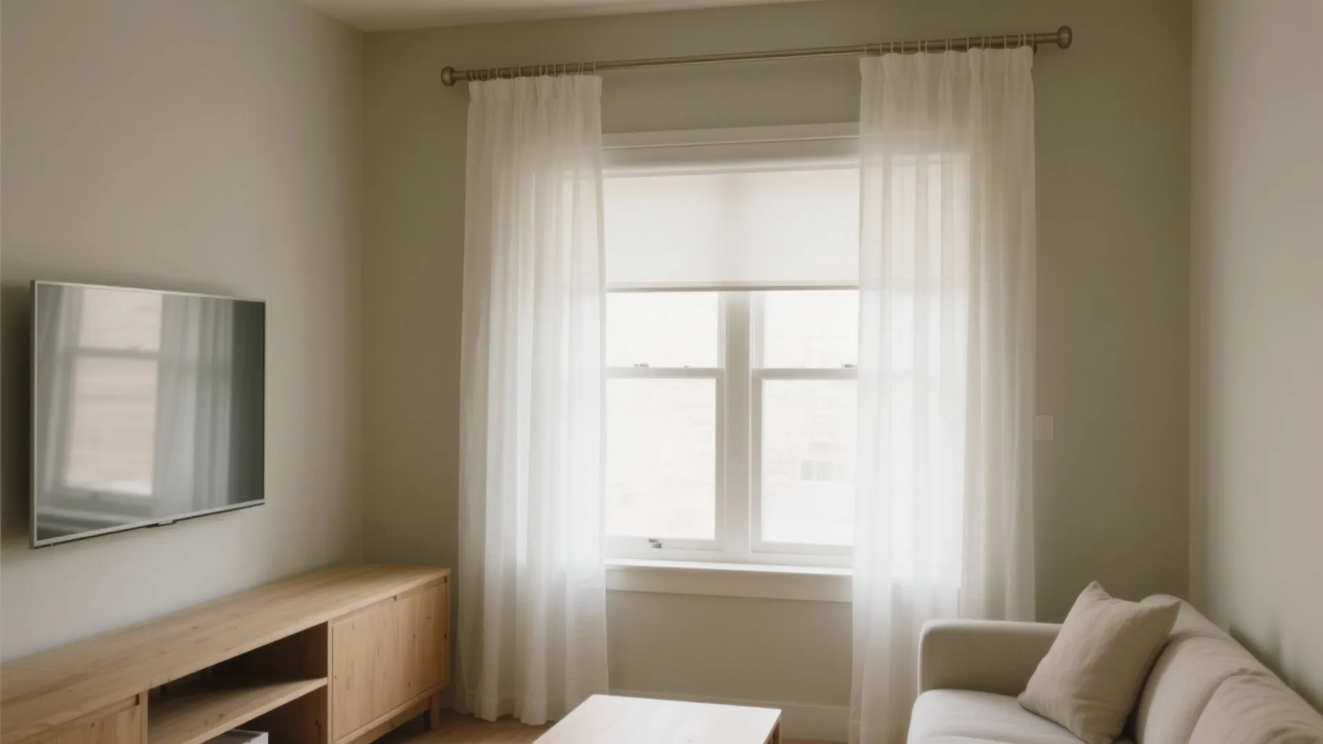 White sheer curtain hanging over a window next to a wooden cabinet and sofa seat