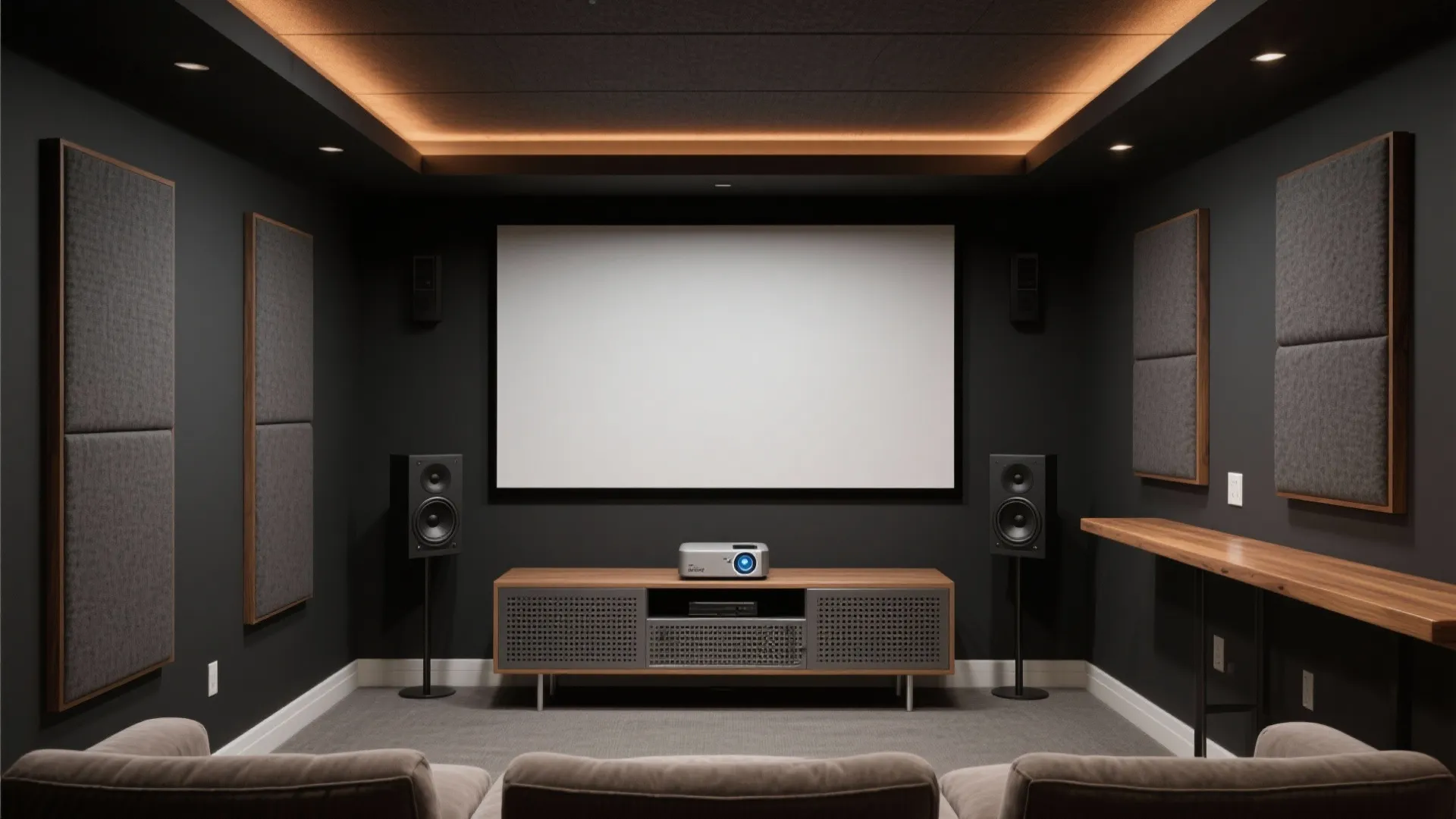 Small home cinema with projector on wood cabinet speakers grey wall panels and brown seats