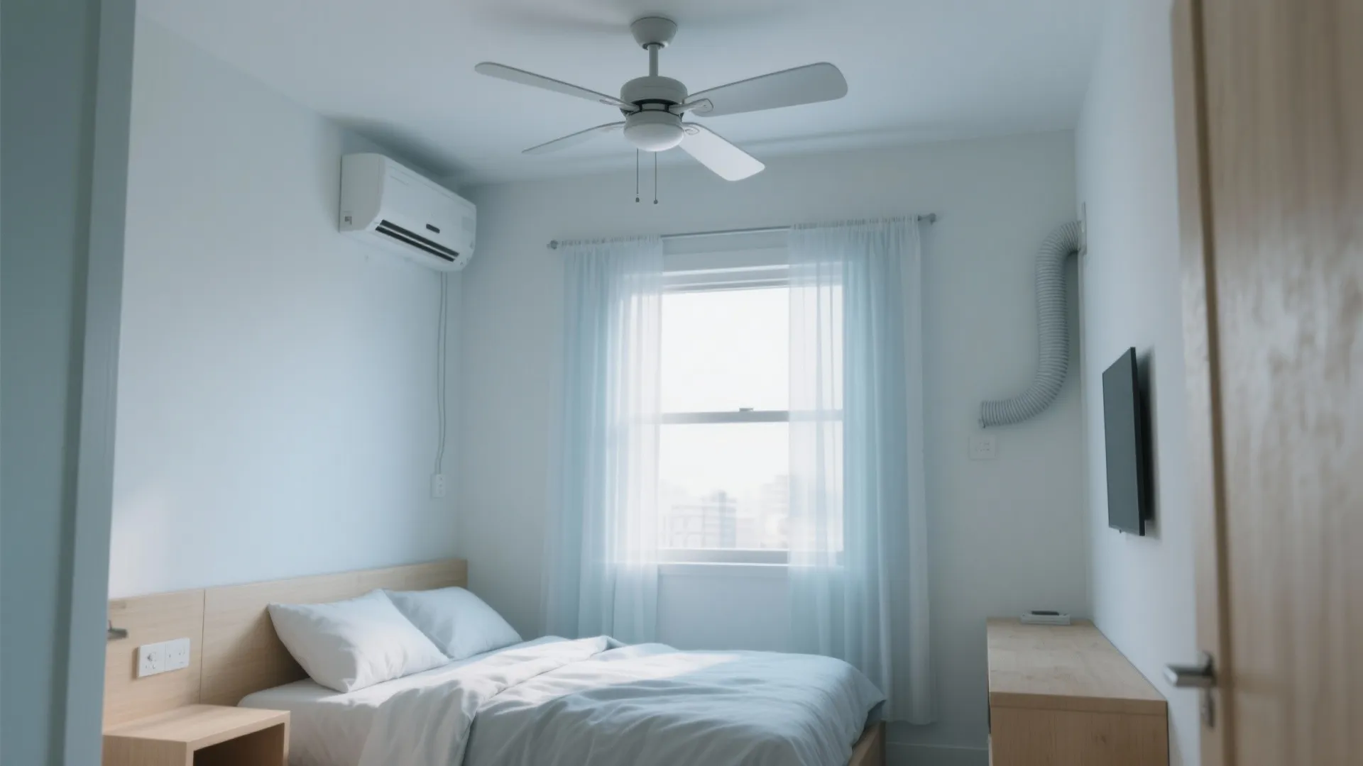 Small modern bedroom interior design featuring white walls white bed sheets ceiling fan and air conditioner