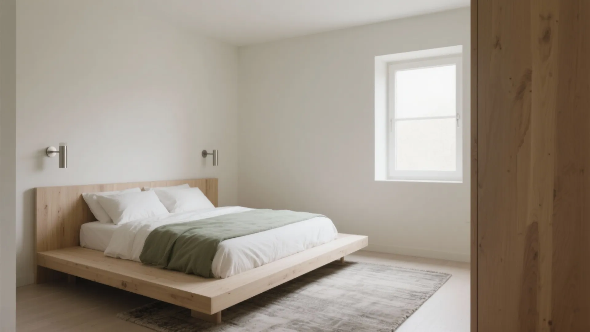 Simple bedroom design with a low wooden bed, green blanket, white walls, and natural light