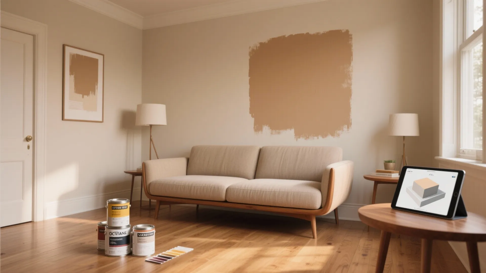 Living room featuring beige sofa paint cans color samples and tablet showing interior design drawing