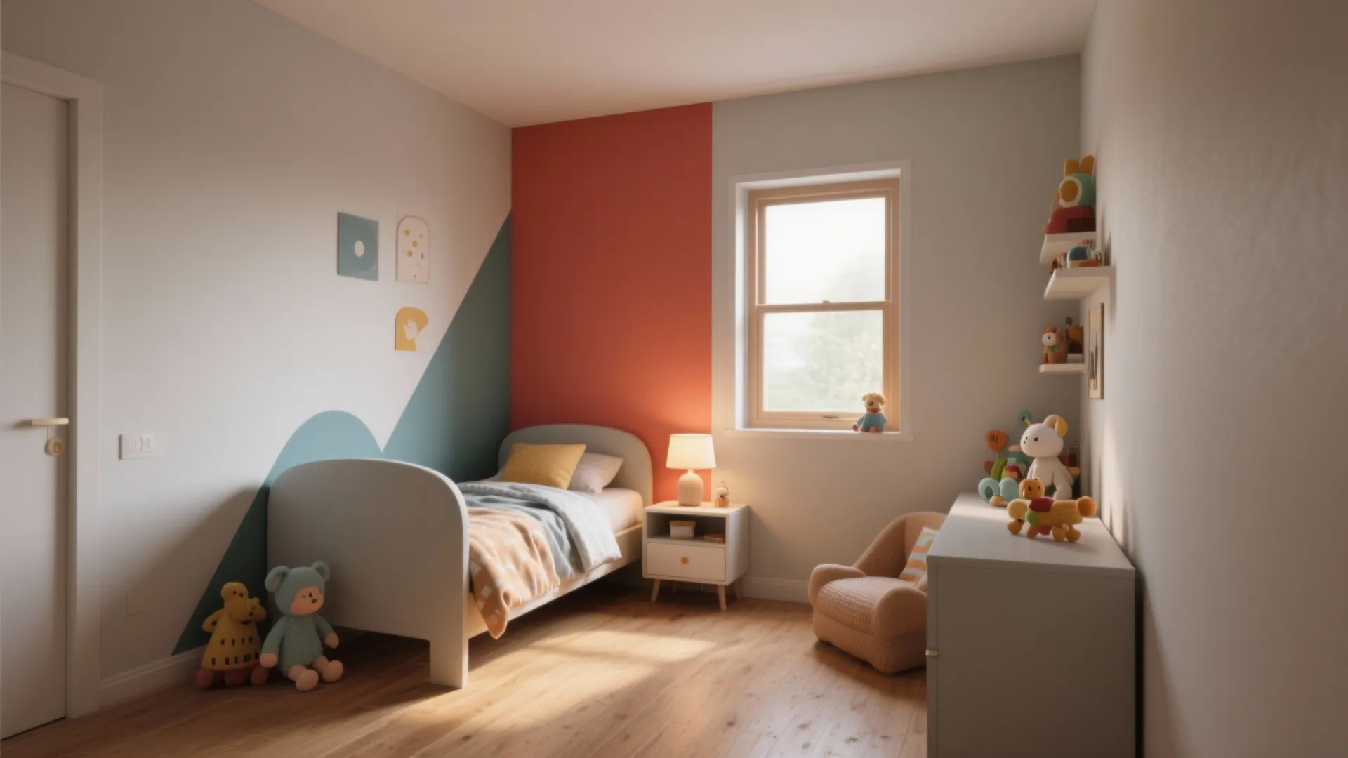 Modern kids bedroom with white bed and orange wall accent plus small chair and toys