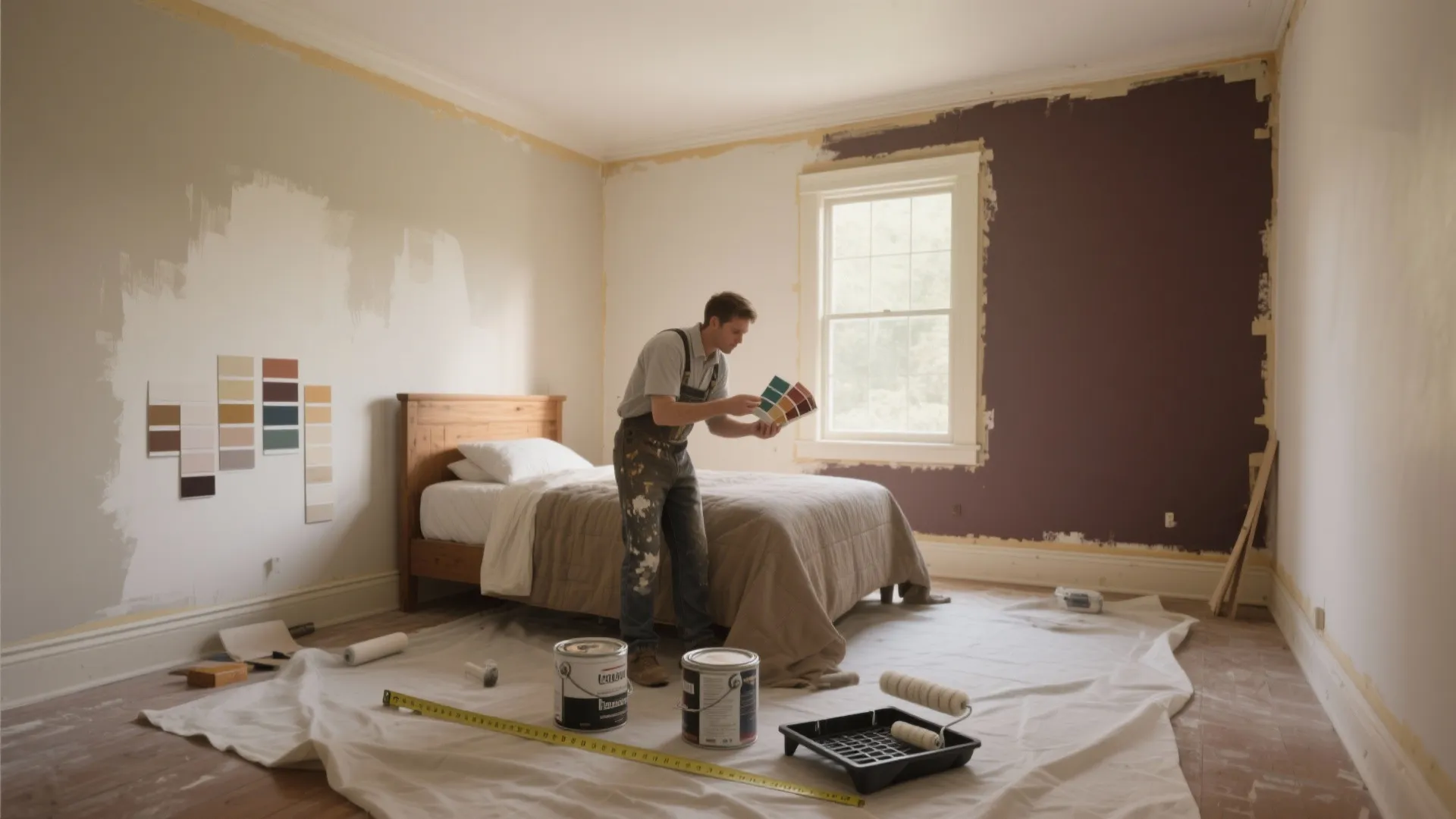Man checking color swatches in bedroom with wooden bed and paint cans on floor cloth