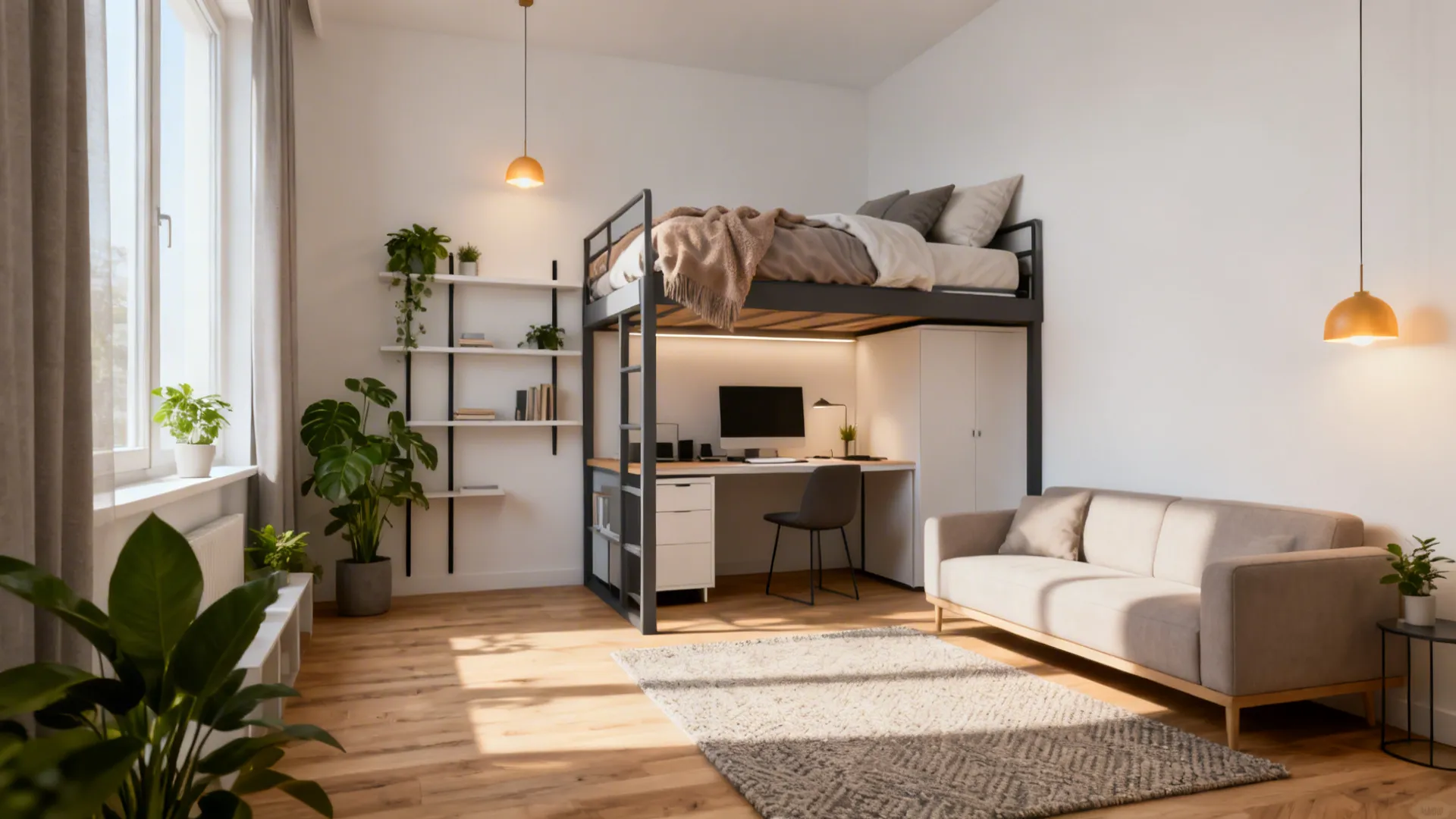 Small room layout with bunk bed over a desk sofa plants and natural window light