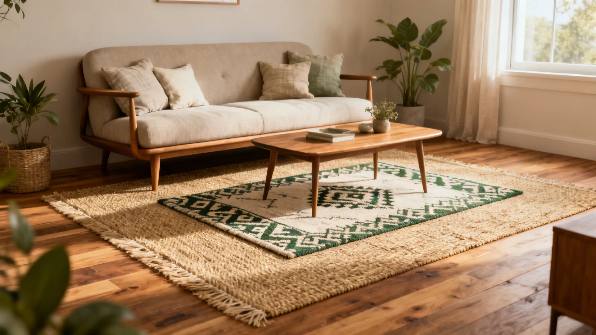 Cozy living room with beige sofa wooden coffee table green patterned rug and green potted plants