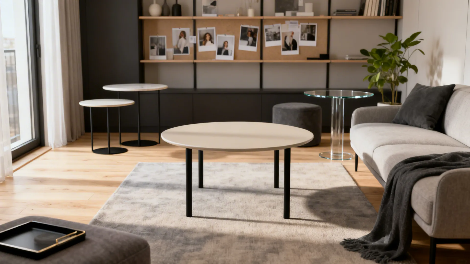 Modern living room with round beige table grey sofa rug wooden floor and wall storage
