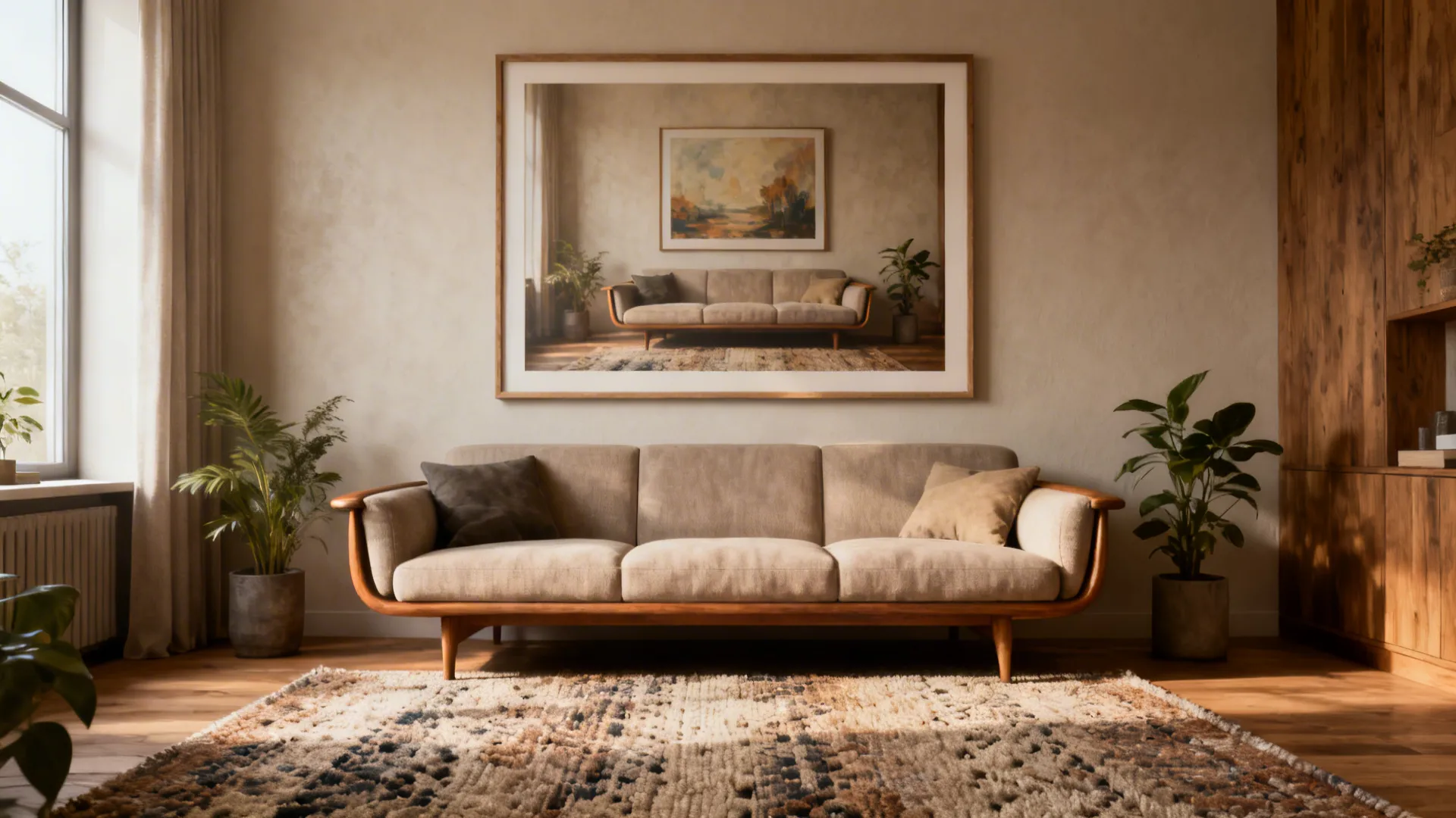Modern living room with beige sofa large wall art patterned rug plants and natural light