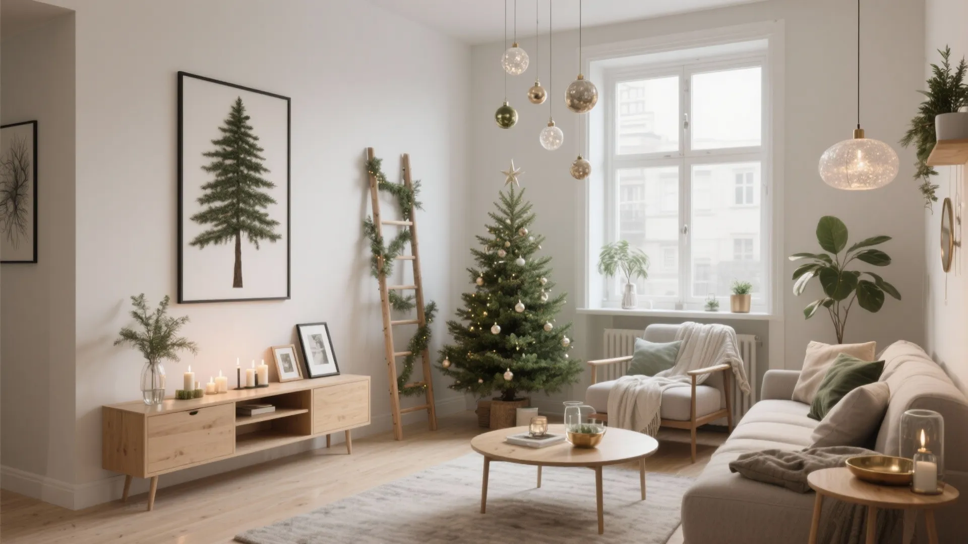 Cozy living room with Christmas tree wooden cabinet grey sofa and festive decorations in natural light