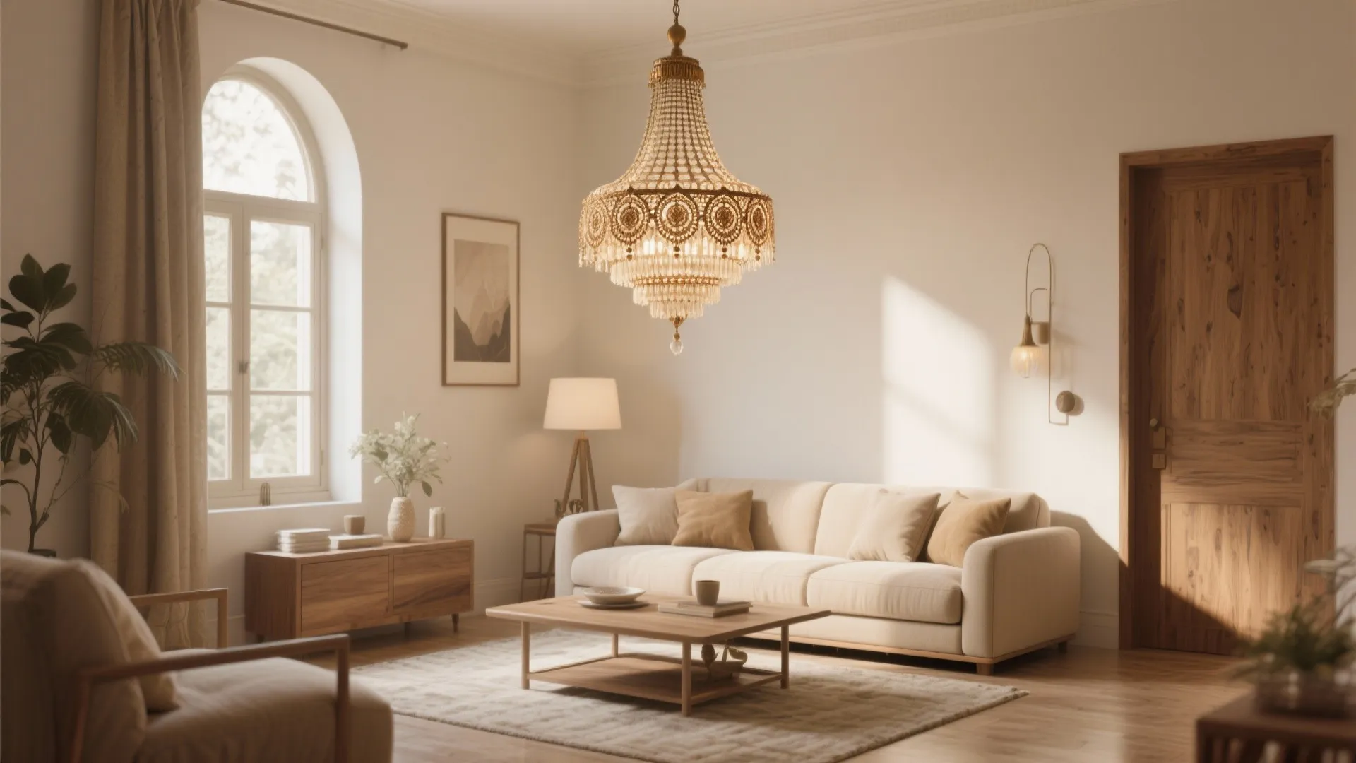 Elegant living room with large ceiling light and beige sofa near a wooden coffee table