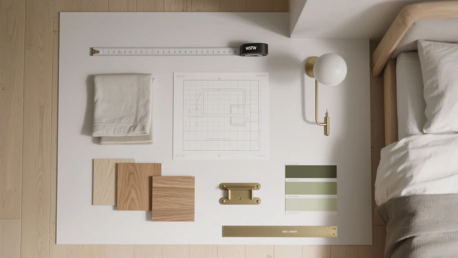 Flat lay of small bedroom planning kit: measuring tape, floor grid, fabric swatches, wood samples, wall sconce, color chips.