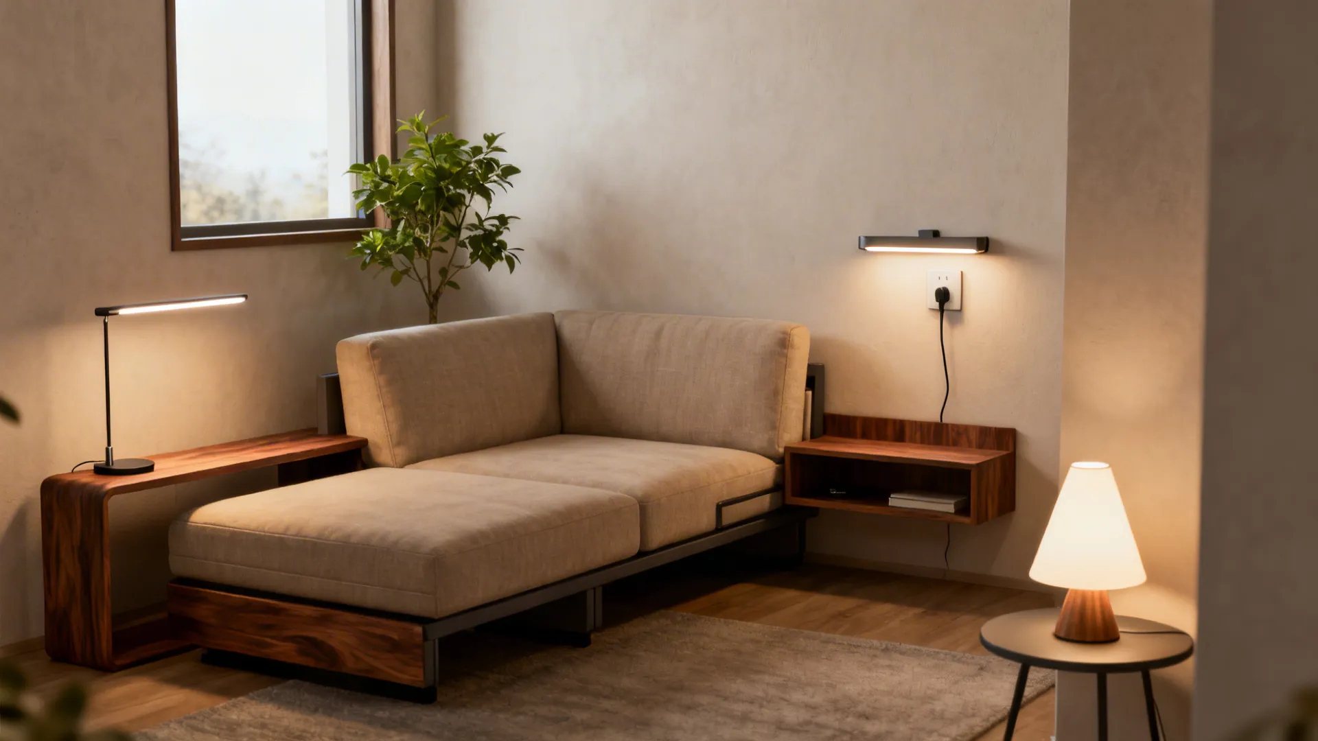 Modern living room featuring a beige sofa, wooden side tables, table lamp, and white wall light
