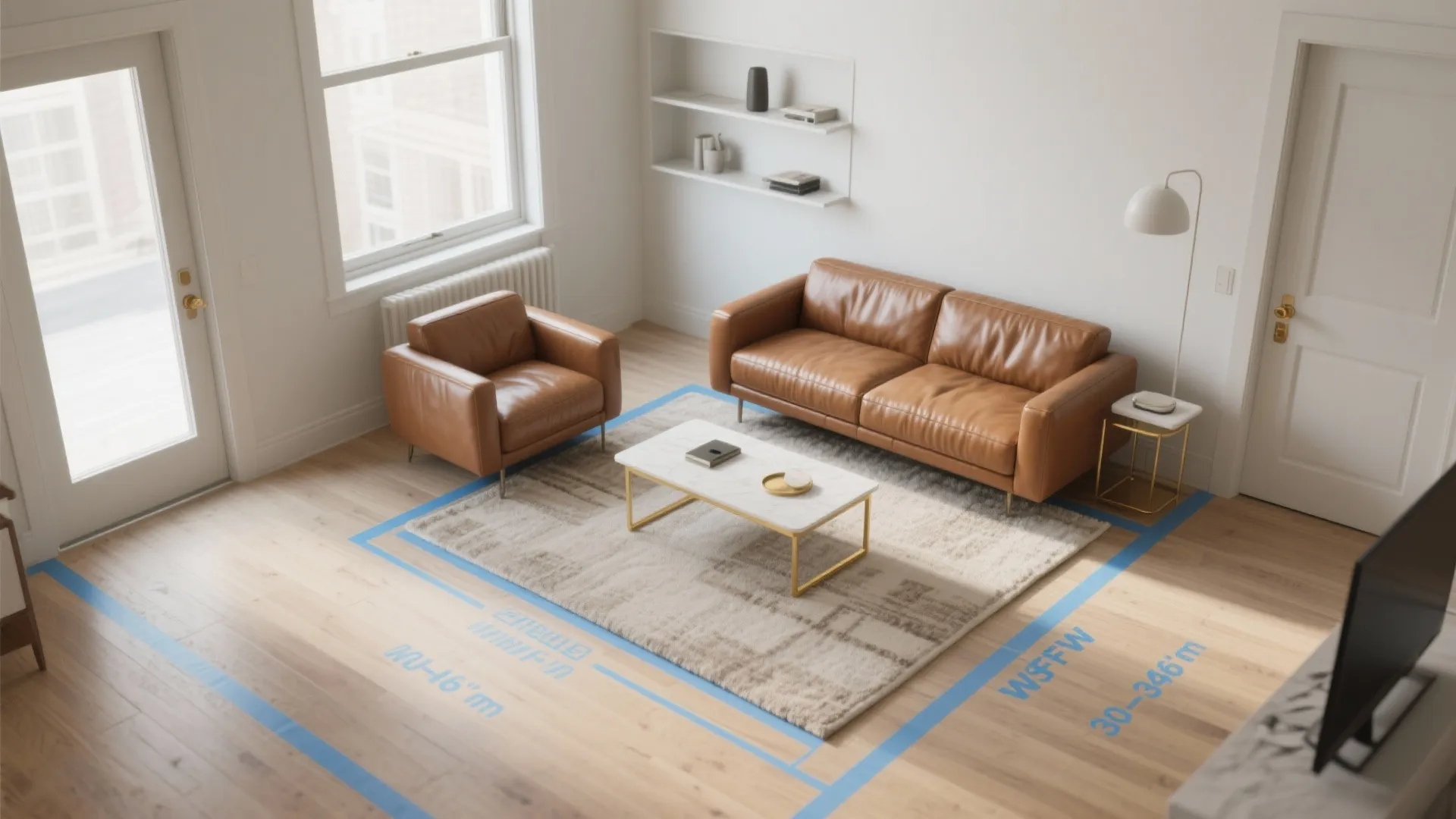Top view of a living room layout showing blue measurement lines on the wood floor