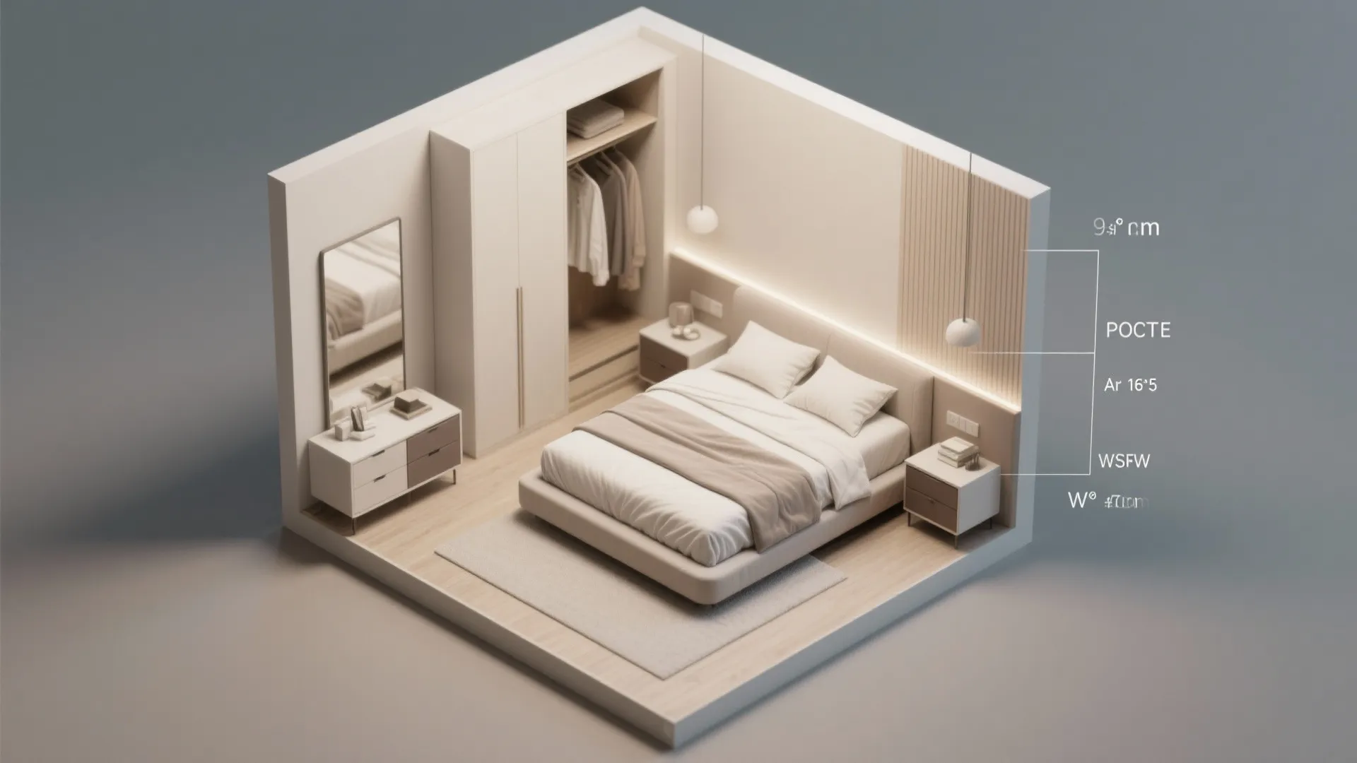 Top-down 3D mockup of a 9sqm bedroom layout showing queen bed and furniture placement