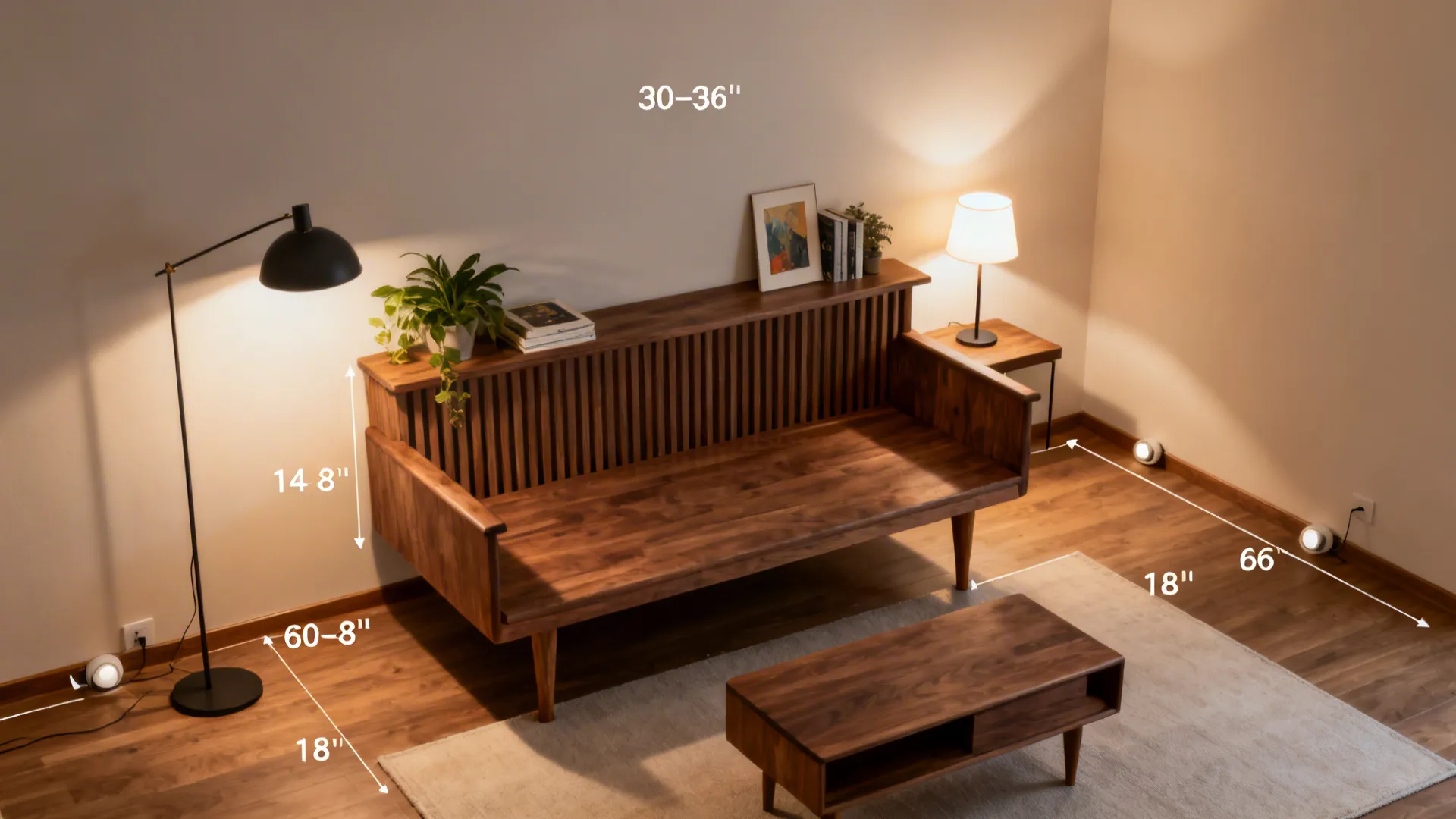 Top-down layout showing floated wooden sofa, clear pathways, layered lighting, and light rug.
