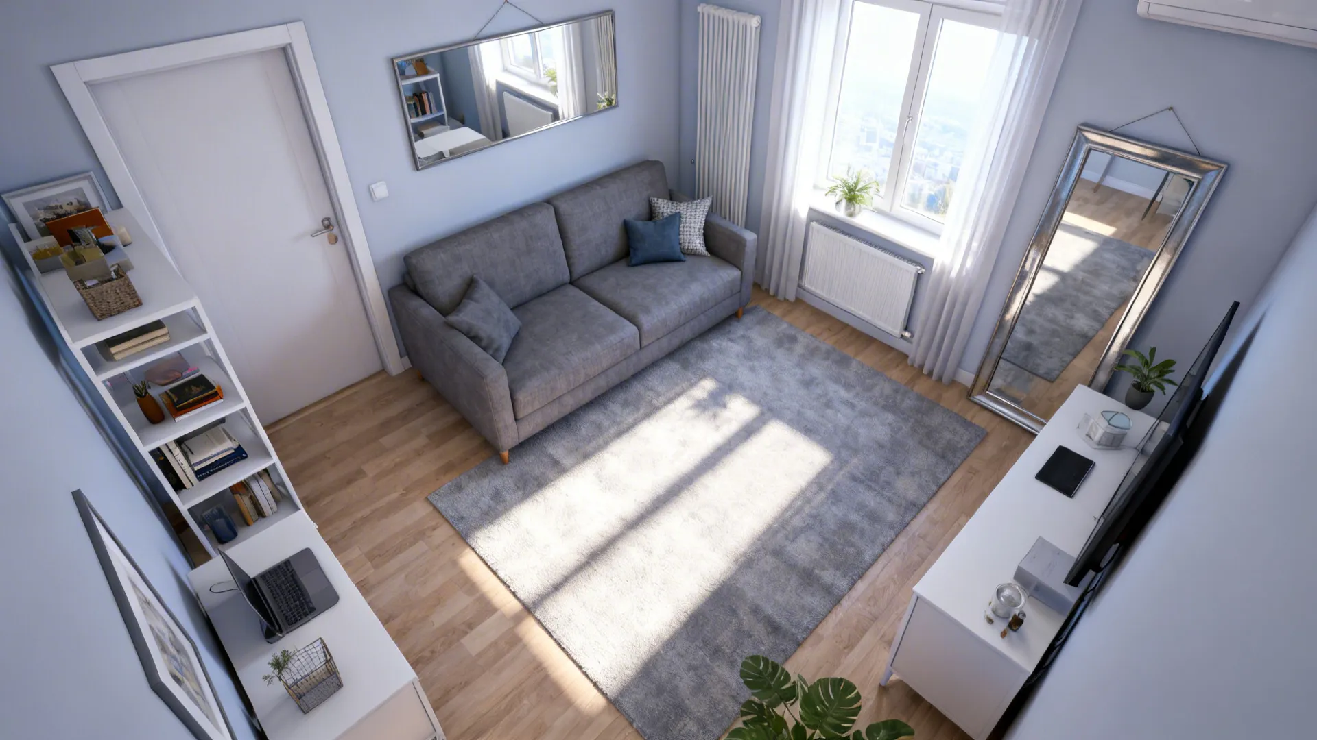 Top-down mockup of a small living room layout centered on a grey sofa with mirrors and multifunctional furniture.
