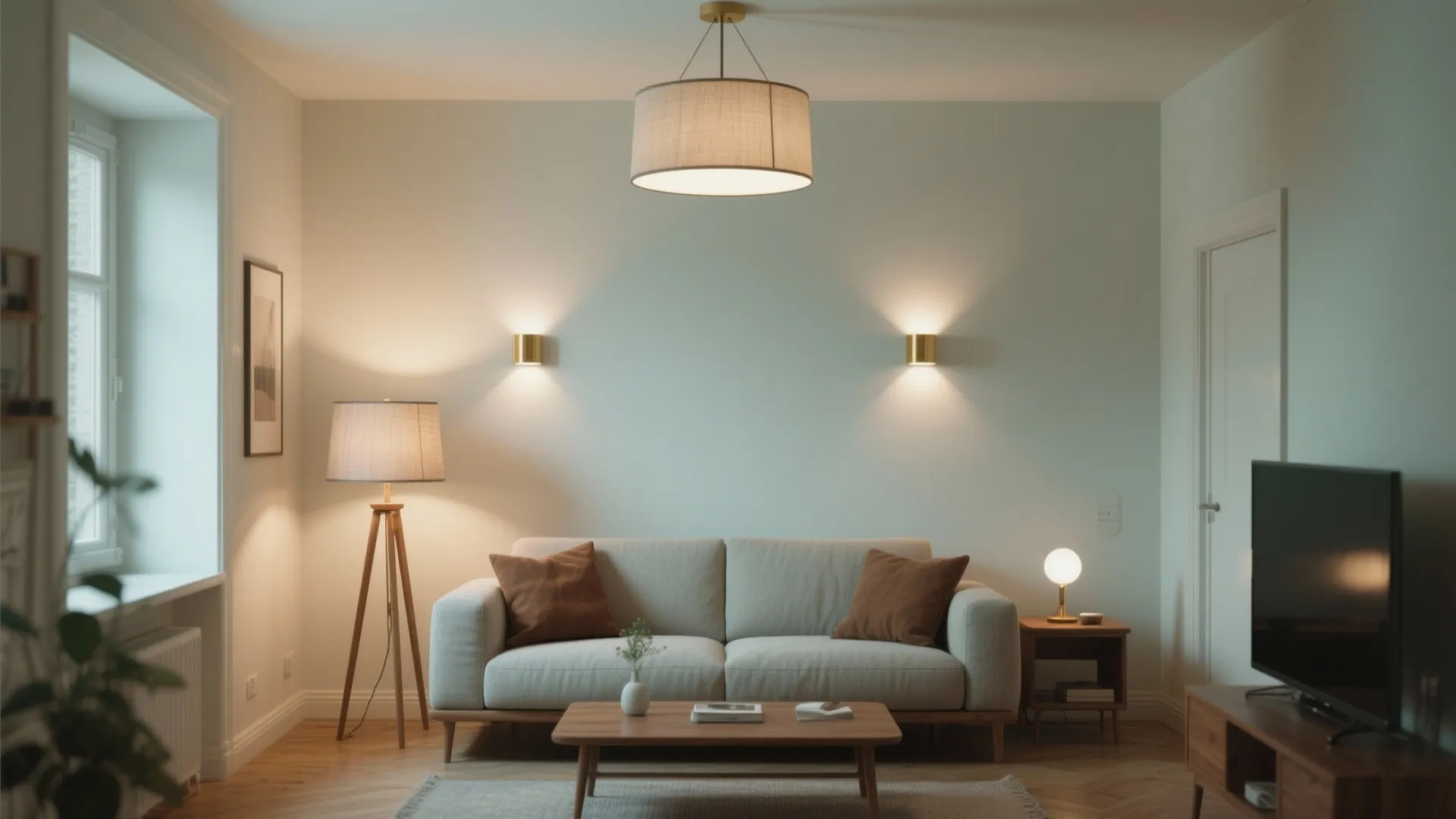 Living room interior design with grey sofa wooden coffee table ceiling light and wall lights