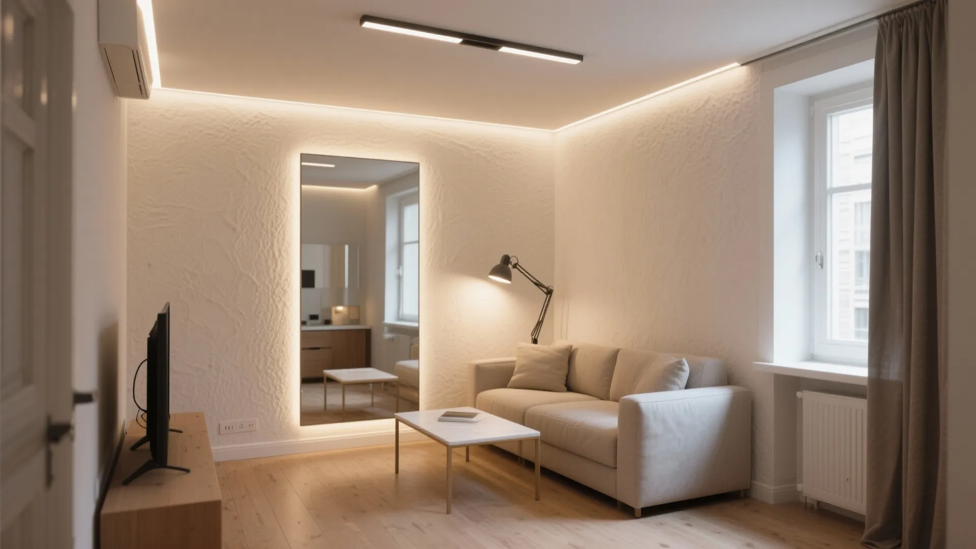 Small living room with beige sofa white coffee table backlit mirror and warm linear ceiling light