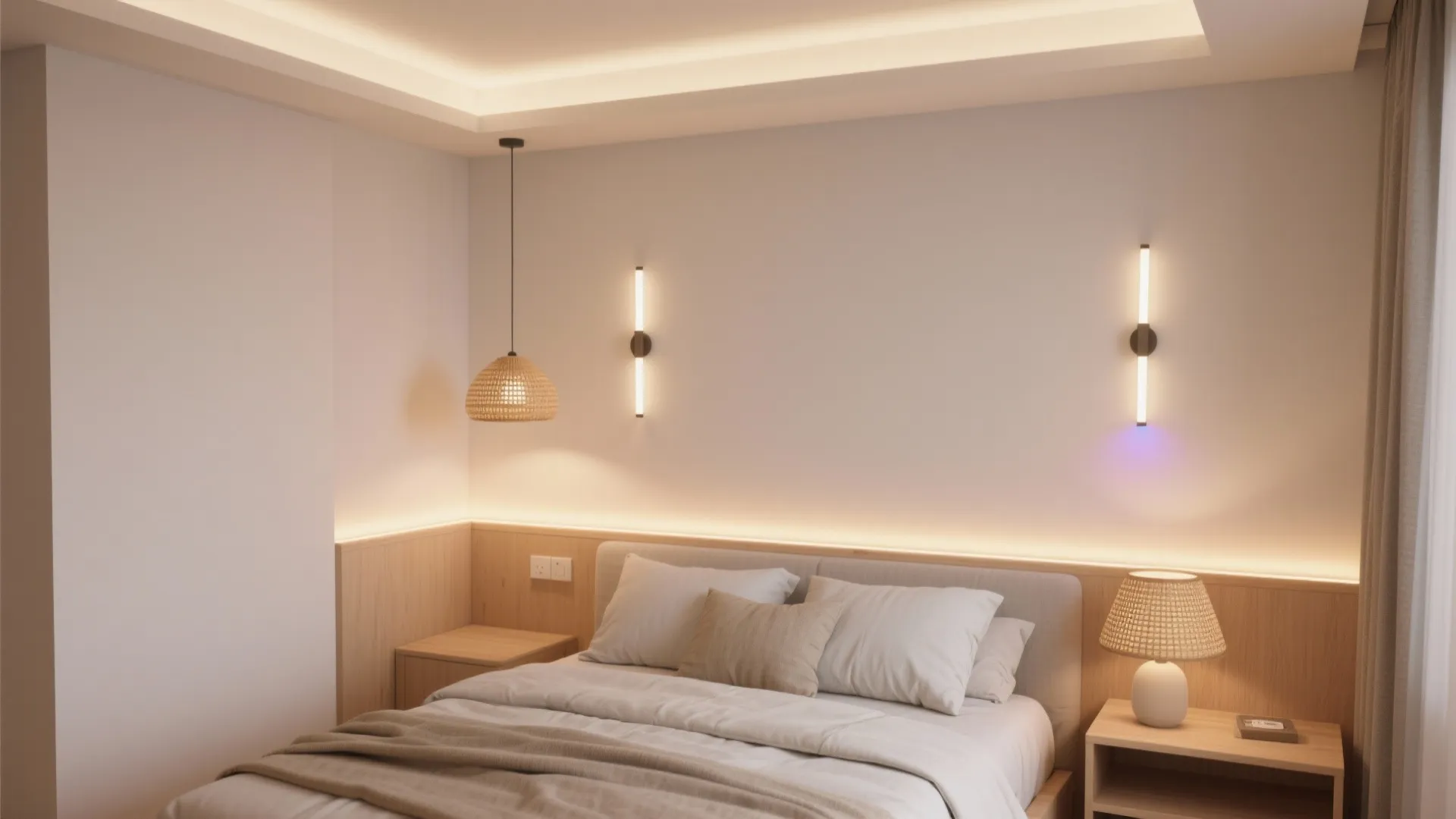 Modern bedroom featuring a wooden wall panel with hidden lights and vertical white wall lights