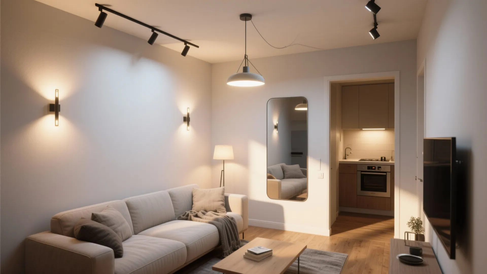 Cozy living room with white sofa wooden coffee table wall lights and kitchen in background