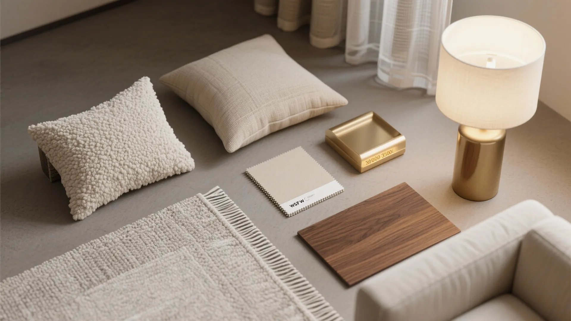 Interior design materials including fabric swatches wooden board gold table lamp and soft white pillows
