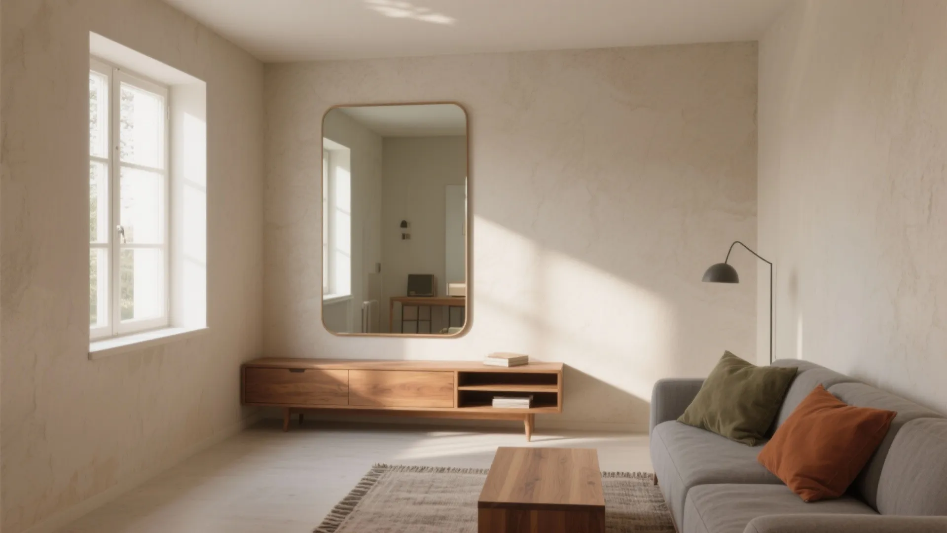 Minimalist living room with grey sofa wooden cabinet wall mirror white window and floor light