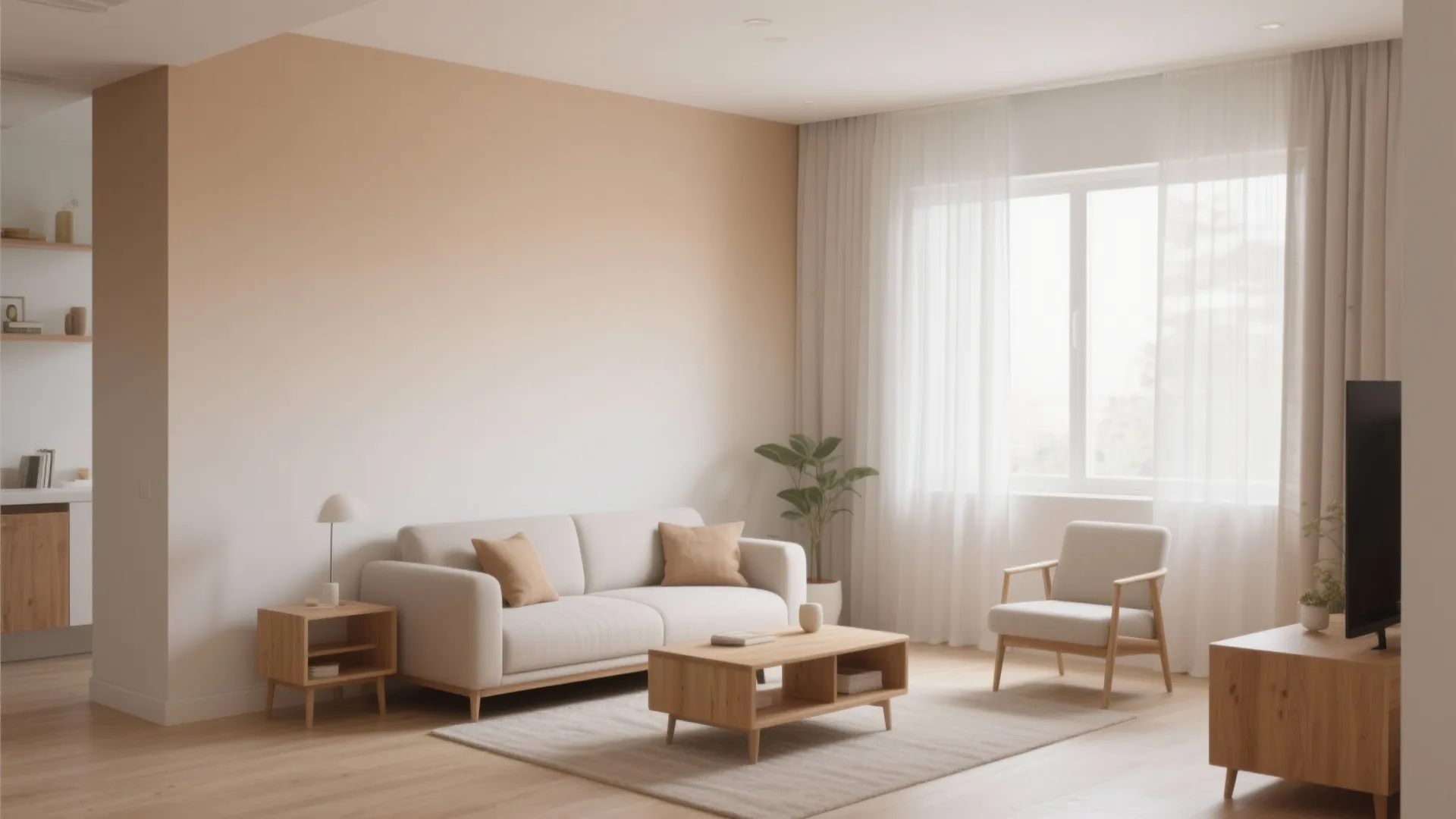 Minimalist living room with tan ombre wall featuring white sofa wooden coffee table and curtains