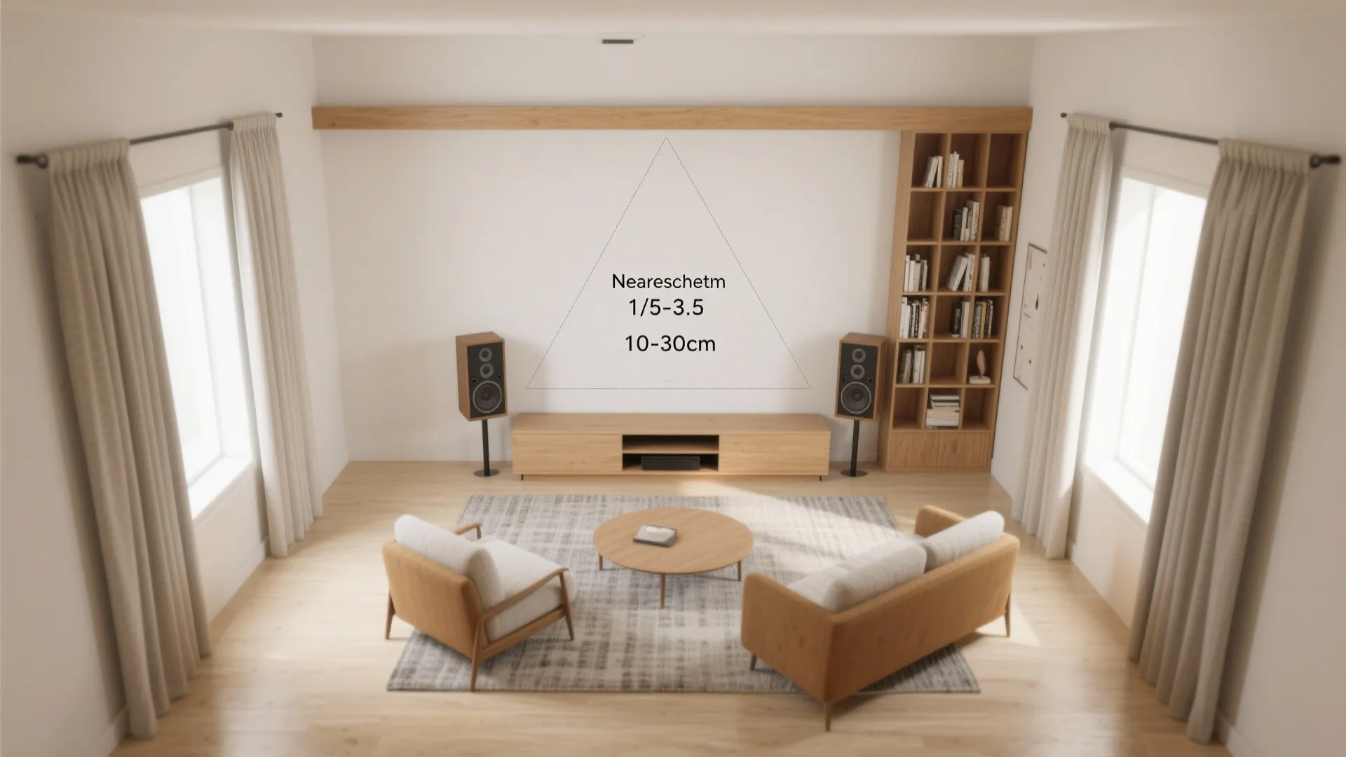 Interior design drawing of a living room layout with sofa armchairs cabinet and wood floor