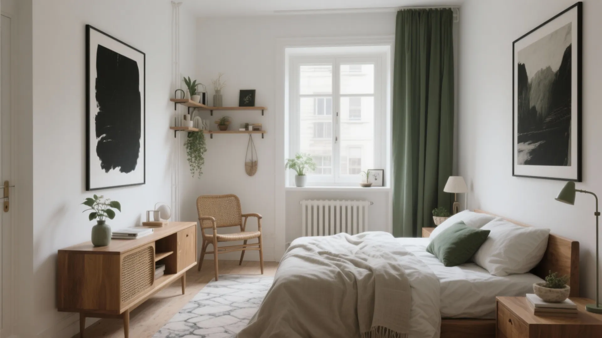 Small bedroom design with green curtain wooden cabinet wall art shelf white walls and natural light