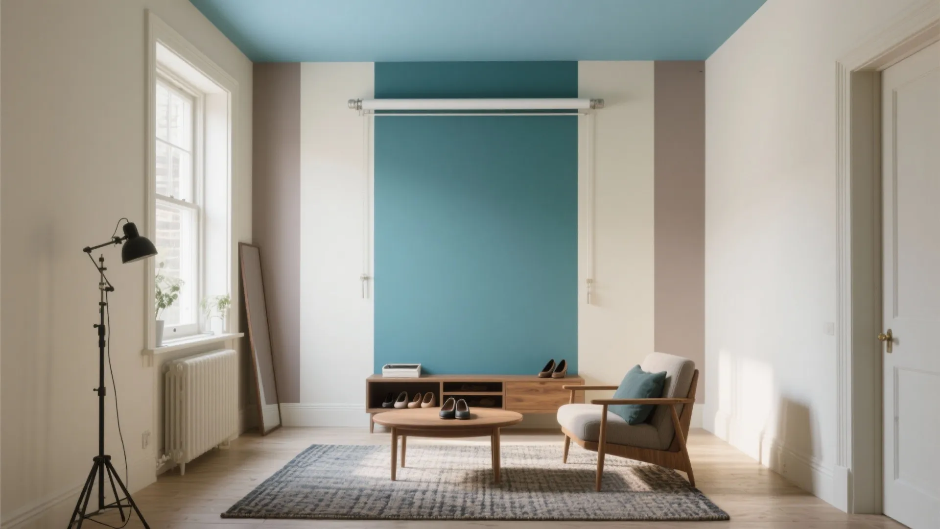 Living room with blue ceiling and accent wall plus wooden furniture and black floor lamp