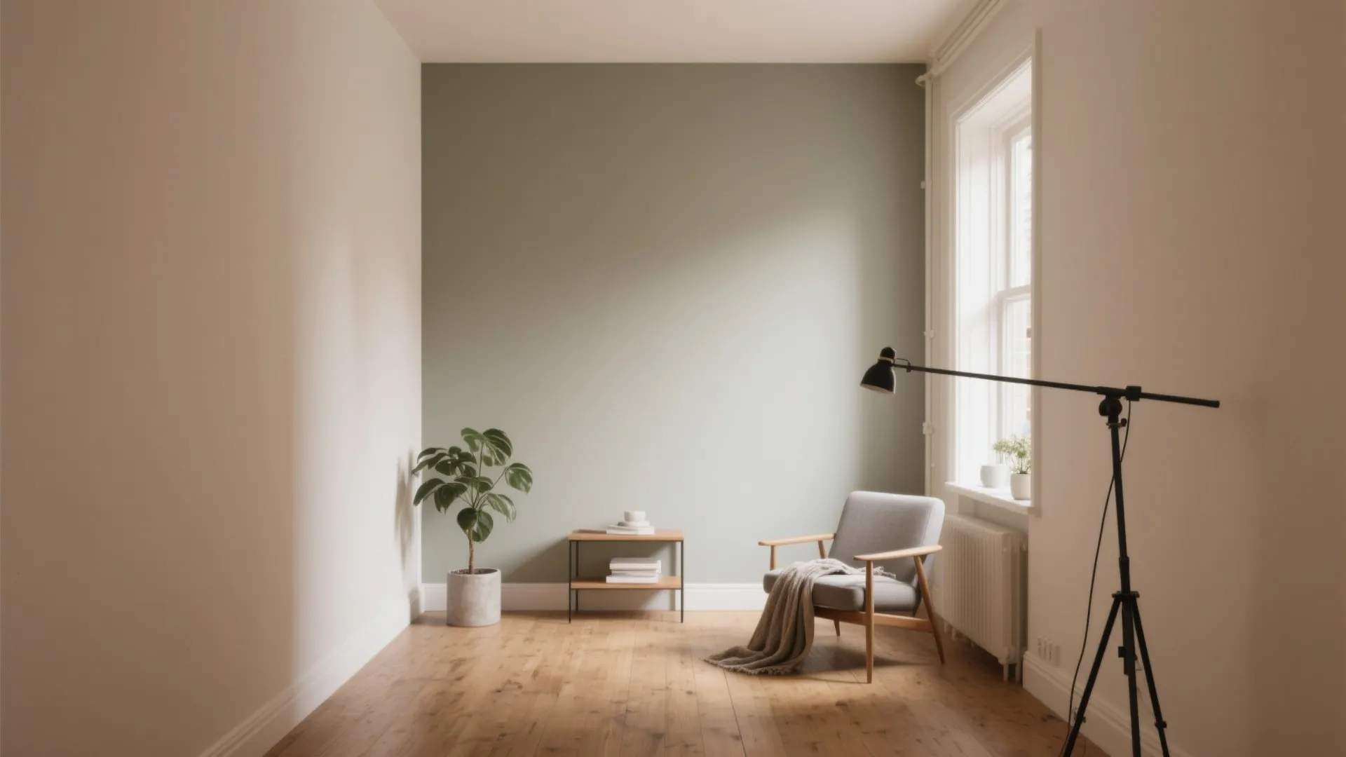 Minimalist living room with green accent wall grey armchair wooden floor small plant and black lamp