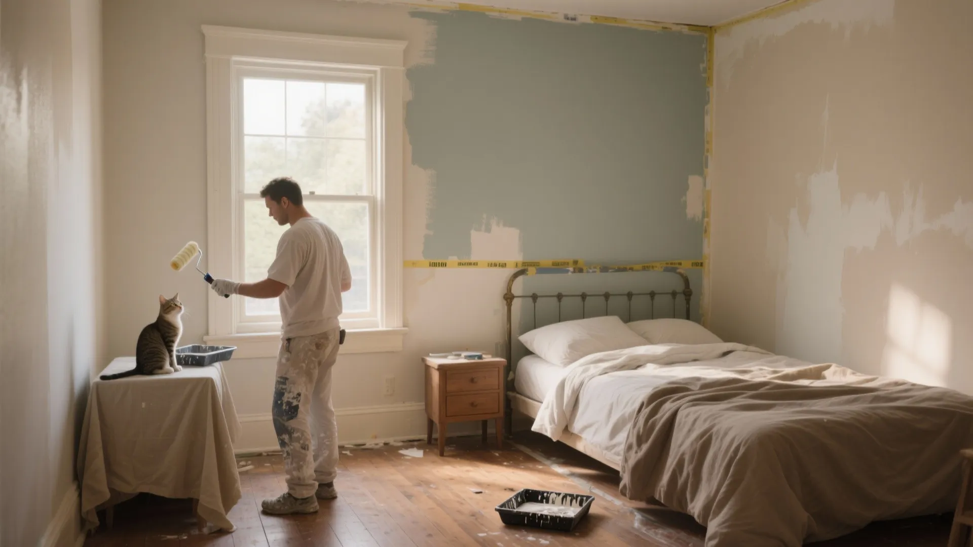 Man painting a bedroom wall light green while a cat watches him near the bed