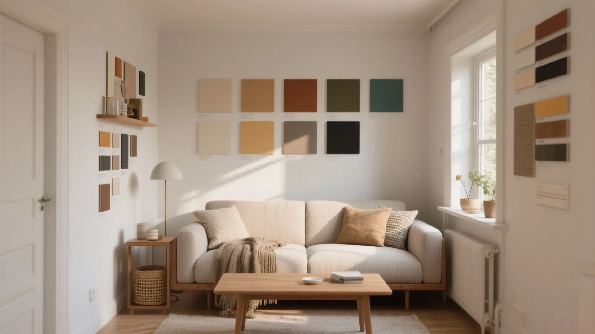 Small white living room with color paint samples on the wall above a beige sofa