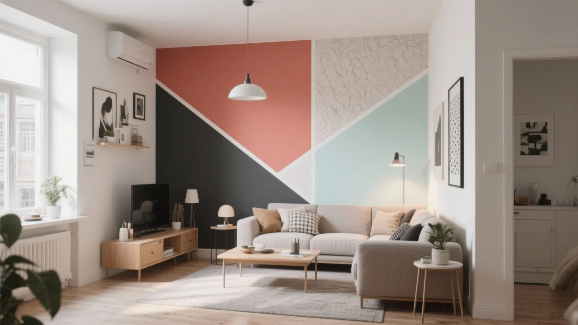 Modern living room with colorful geometric accent wall grey sofa wooden coffee table and white light