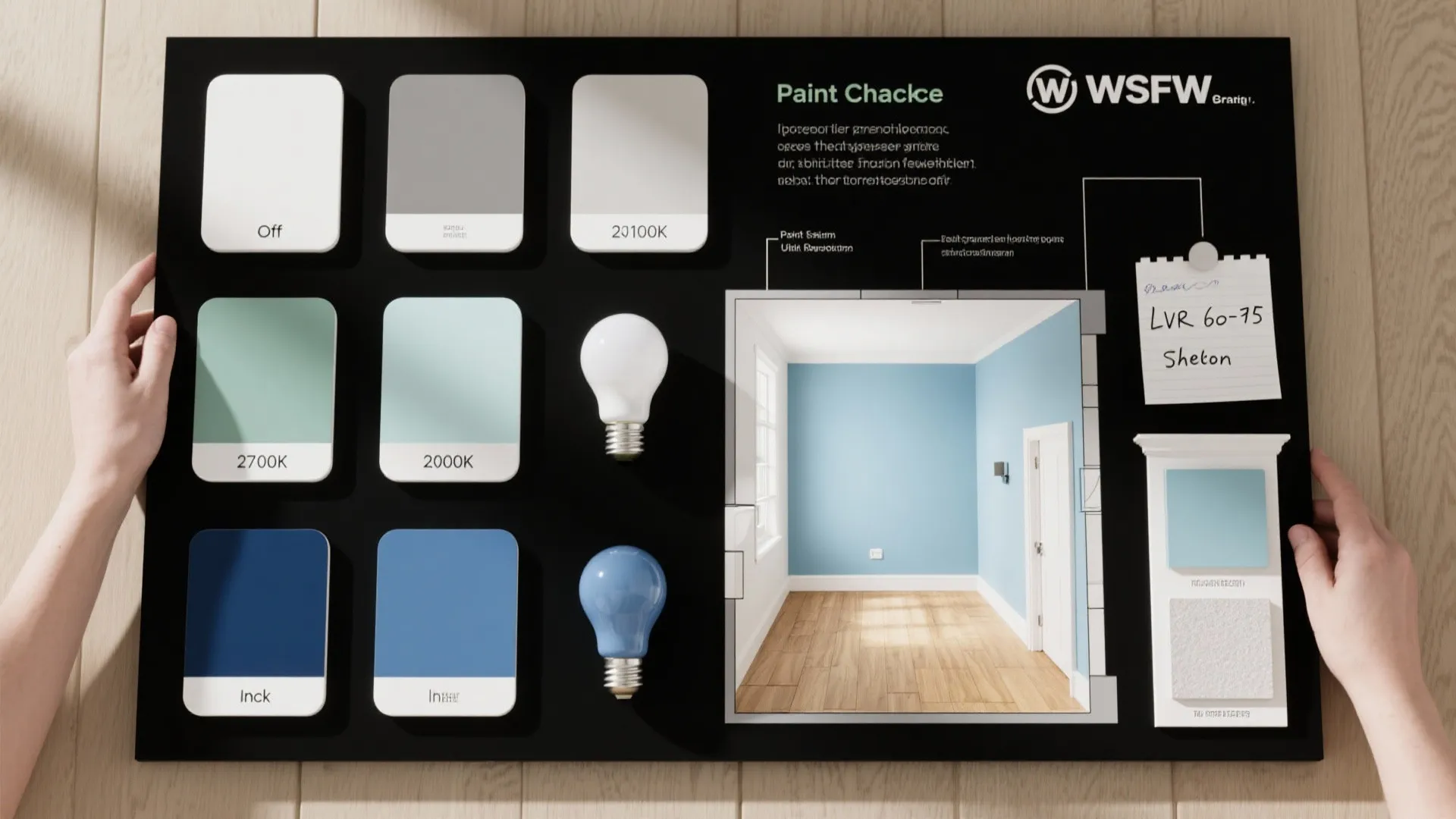 Top-down flatlay of paint swatches, bulbs, LRV notes, trim sheen, and a small room plan for a feature wall.
