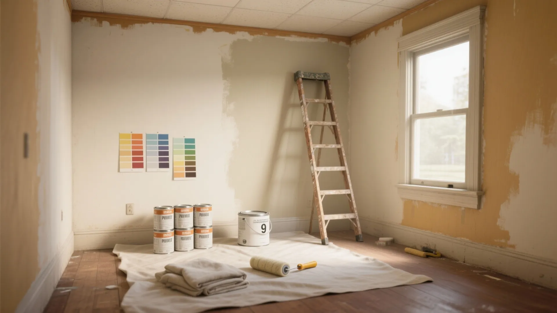 Small room being painted with ladder paint cans roller cloth and color cards on wall
