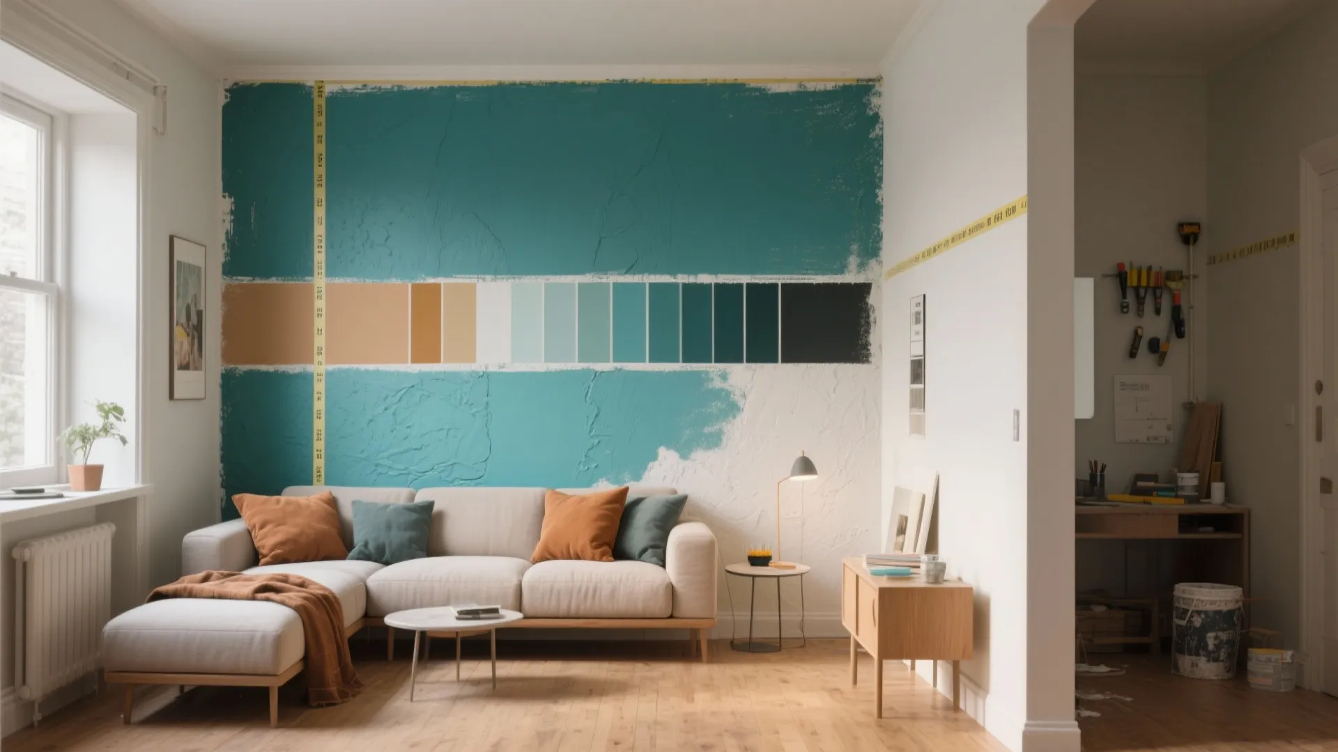 Two workers painting walls in bedroom containing two single beds and several white paint cans