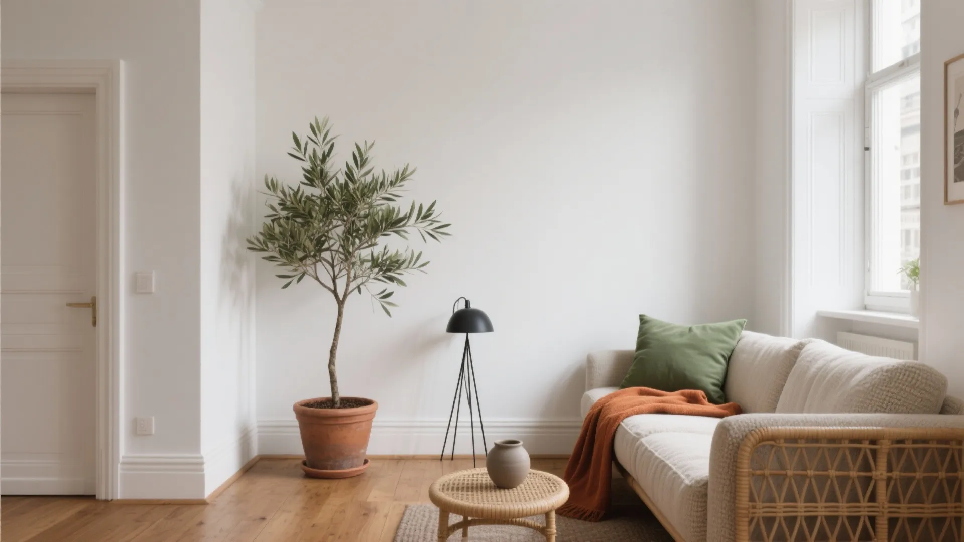 Minimalist white living room with potted tree, cream sofa, green pillow, orange blanket, and table