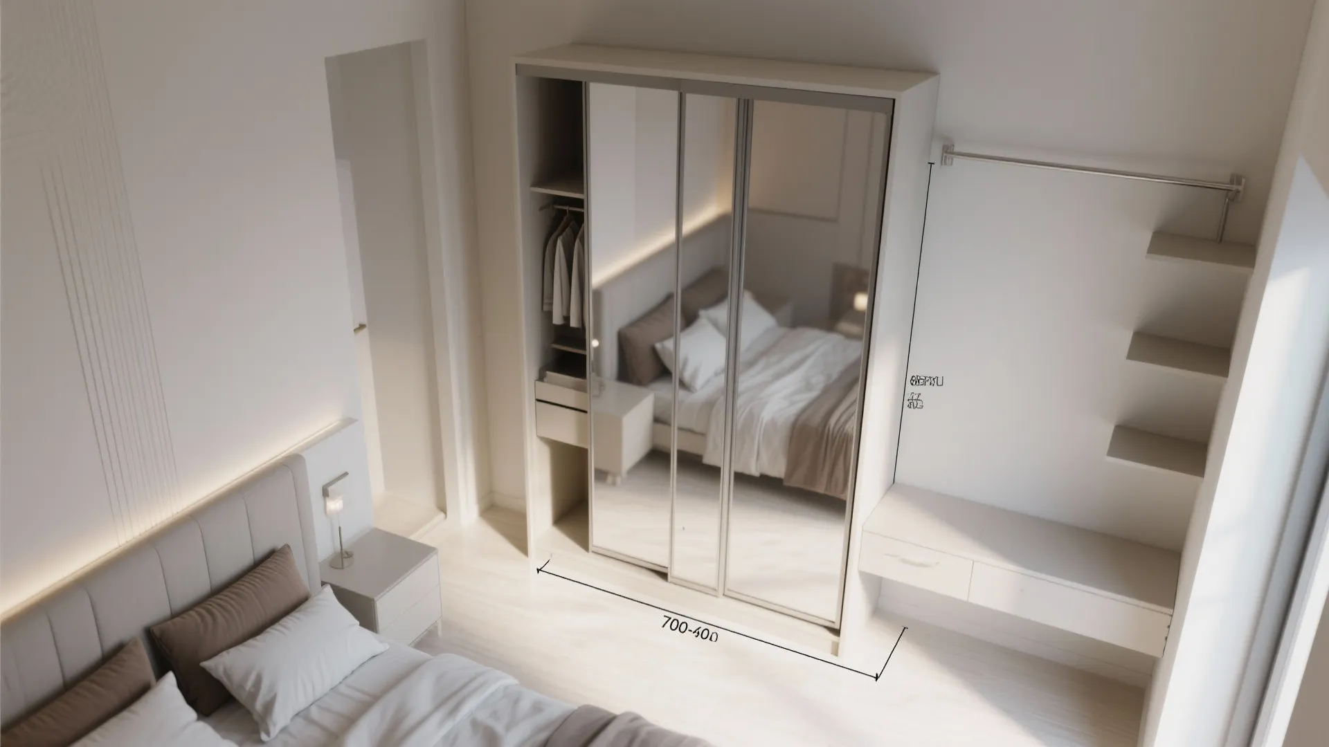 Modern bedroom with mirror door cabinet and white desk next to a light grey bed