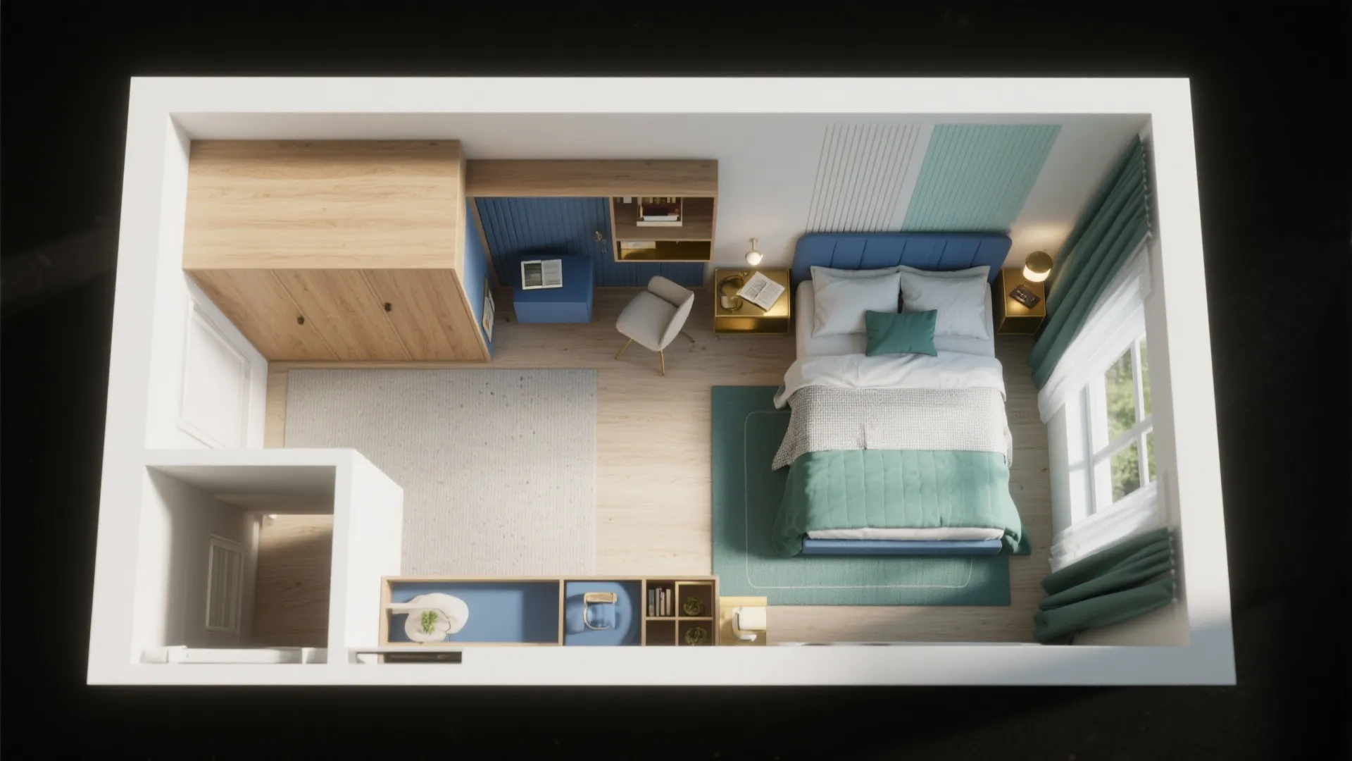 Modern bedroom interior design drawing showing bed wooden cabinet blue wall and green window curtain