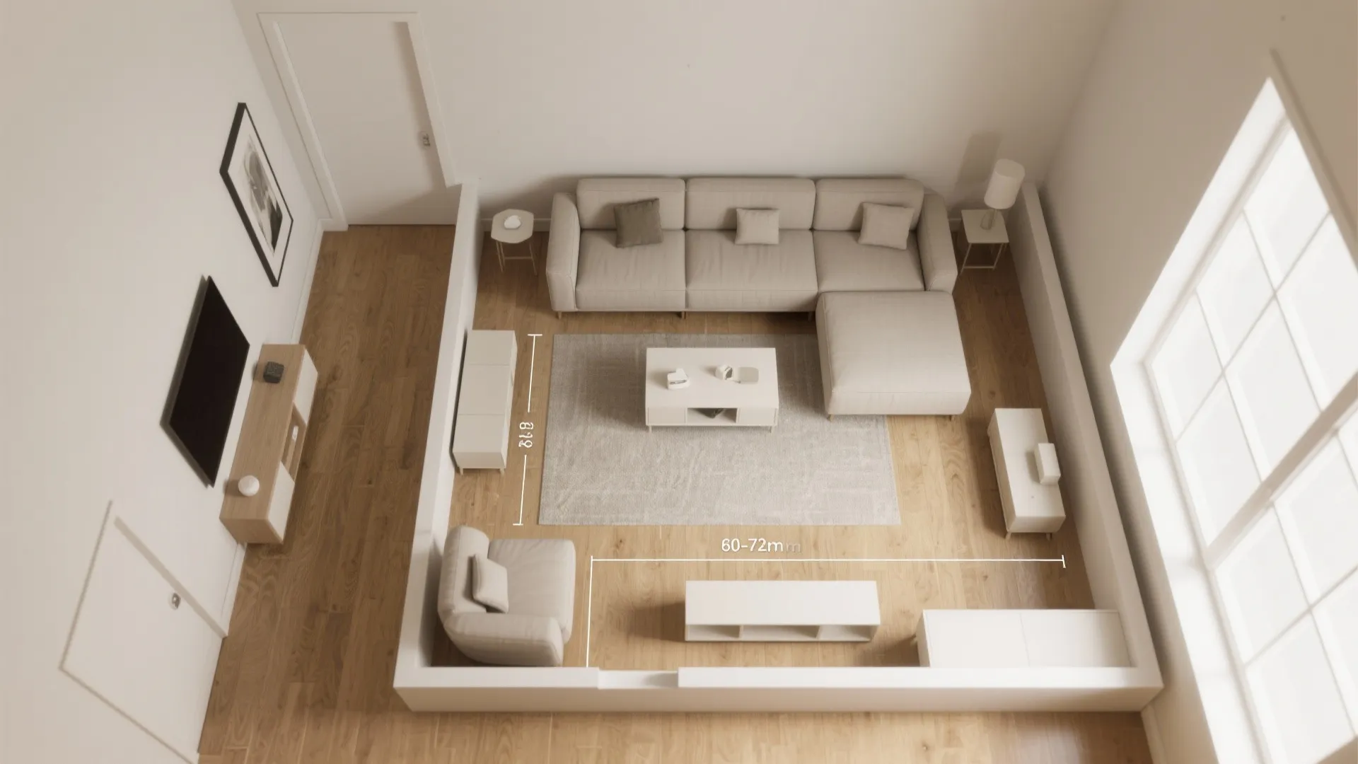 Top view room layout showing a sofa coffee table and cabinet with white measurement lines