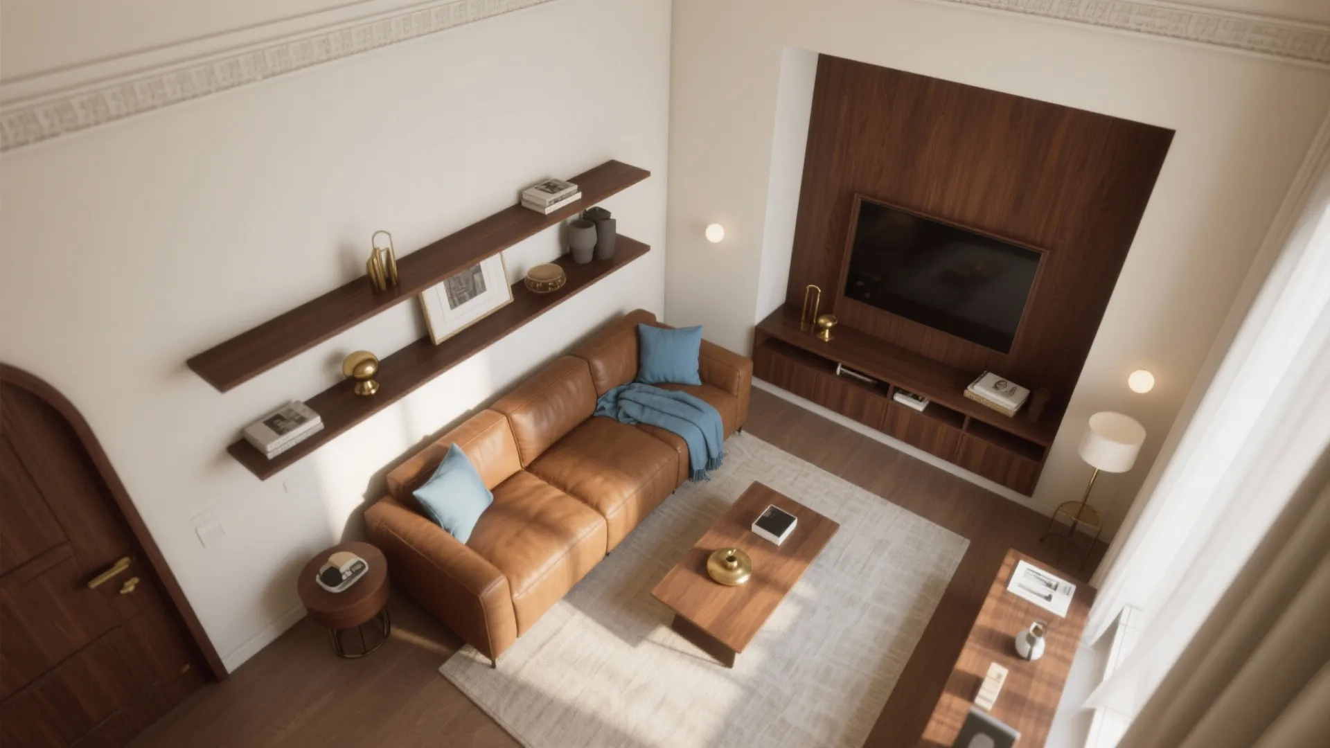Top view interior design drawing of living room with brown leather sofa and wooden furniture