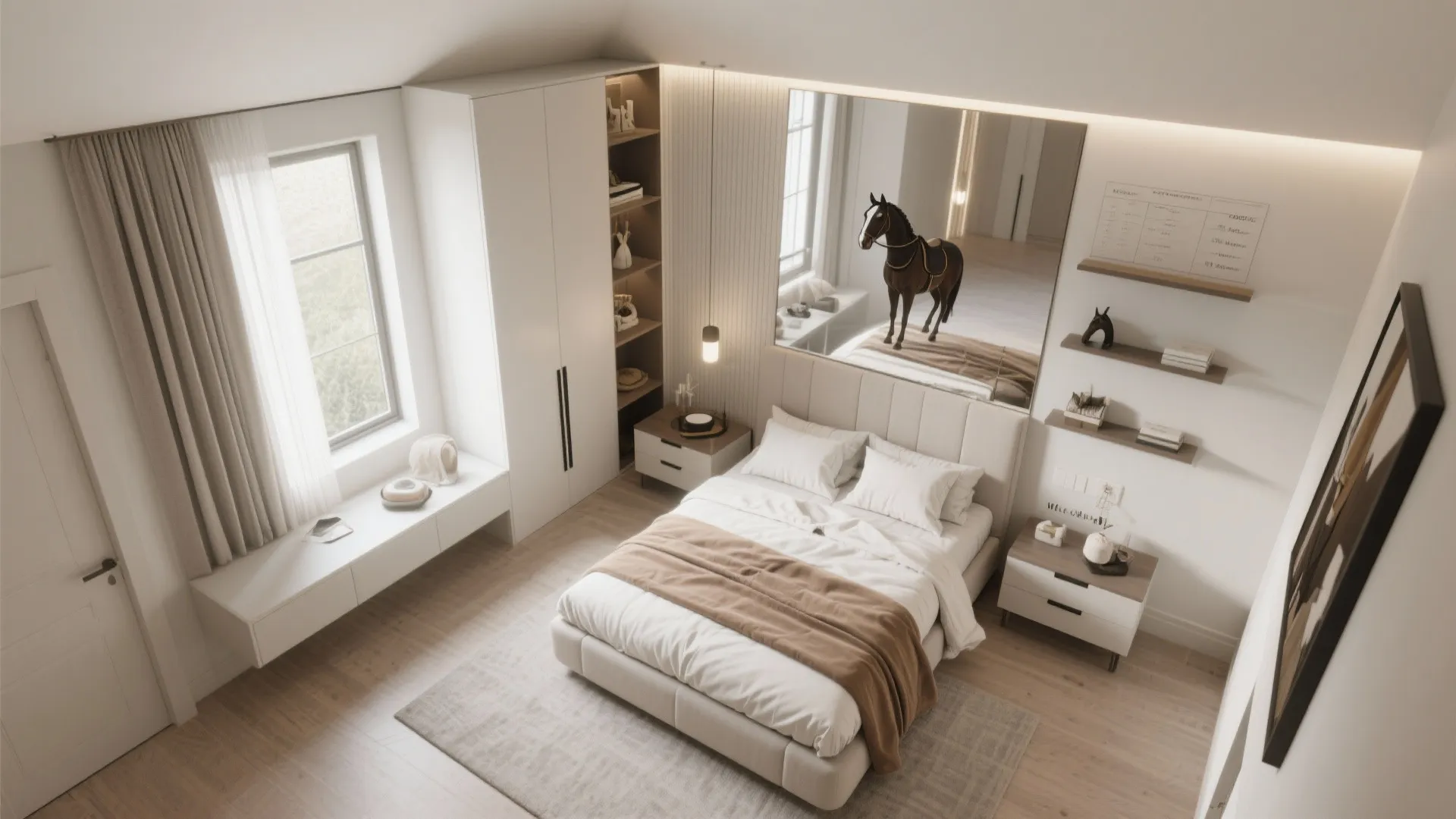 Top-down visual floor plan of a small bedroom showing vertical storage and scaled furniture.