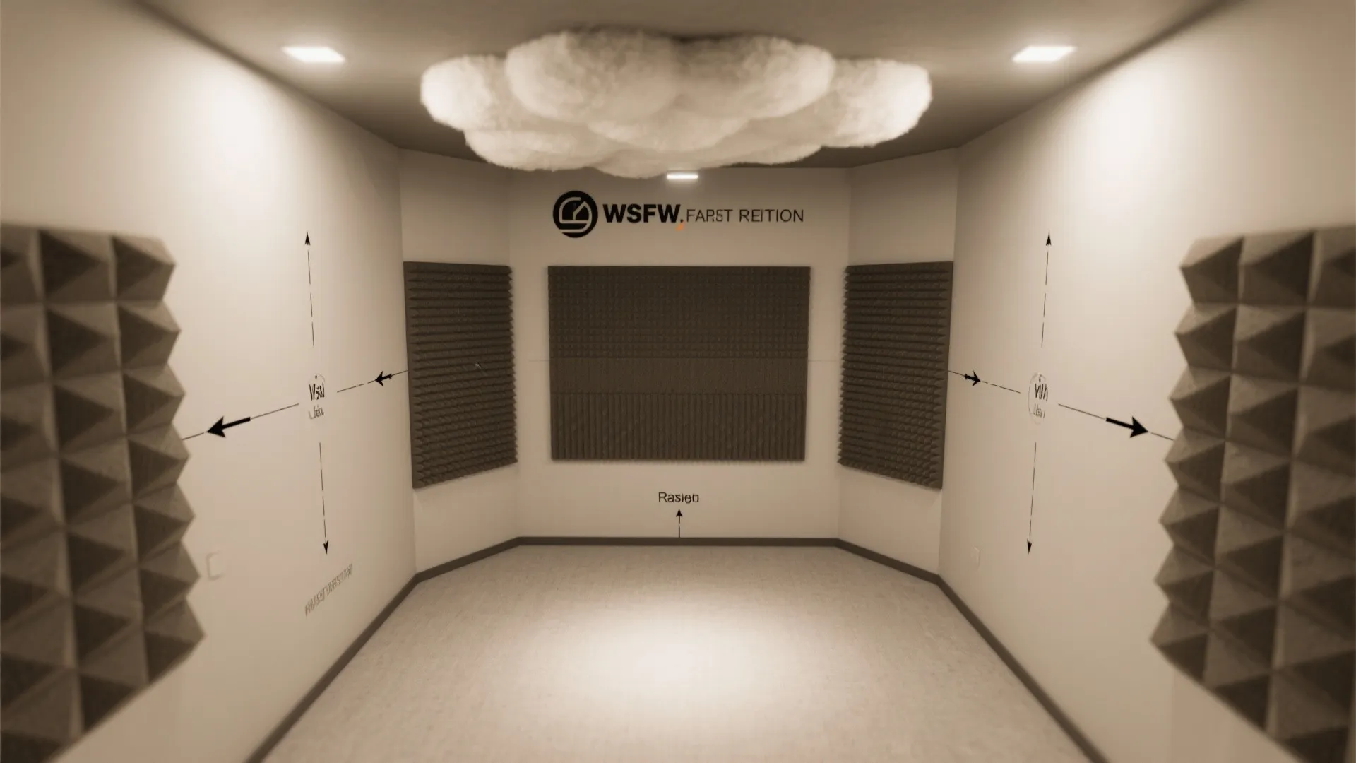 Top-down view marking reflection points, corner bass traps, ceiling cloud, and rear-wall diffuser in a small room.