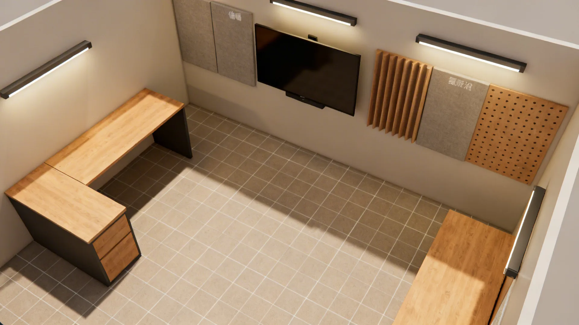 Top-down small gaming room plan showing L-desk, wall mount option, acoustic and lighting zones.